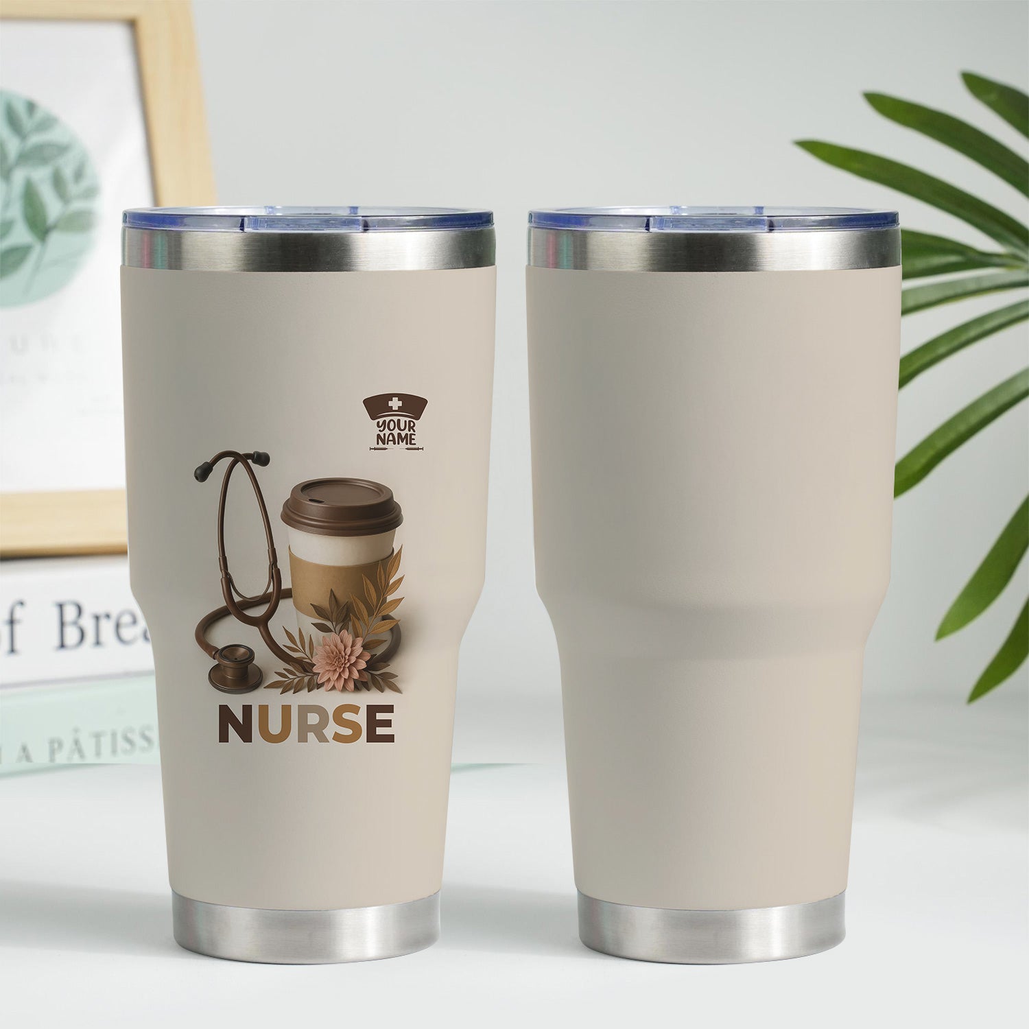 Personalized Nurse Coffee Tumbler - Stethoscope Floral Beige Design - Gift for RN LPN CNA Women