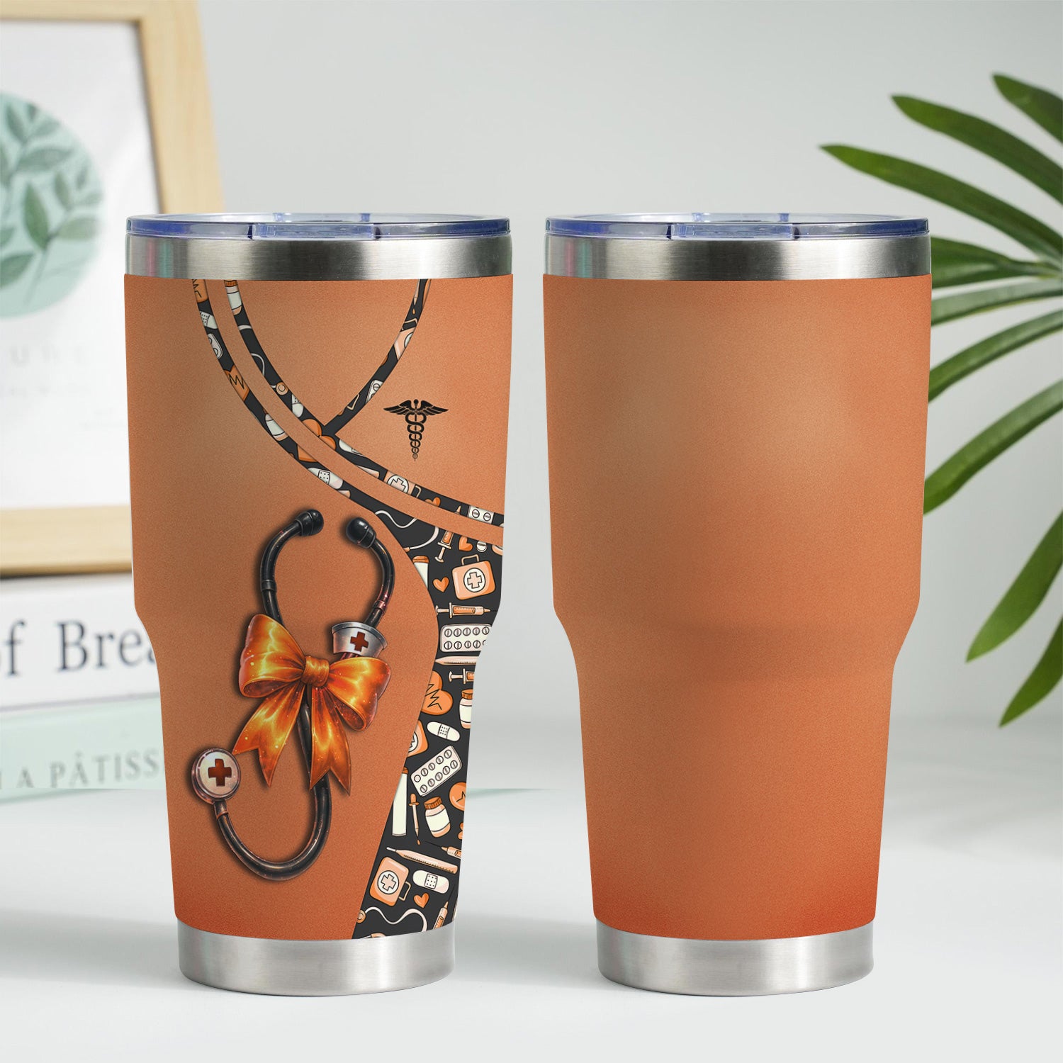 Personalized Halloween Tumbler for Nurses - Medical Costume with Stethoscope Bow Design - RN LPN CNA Medical Gift