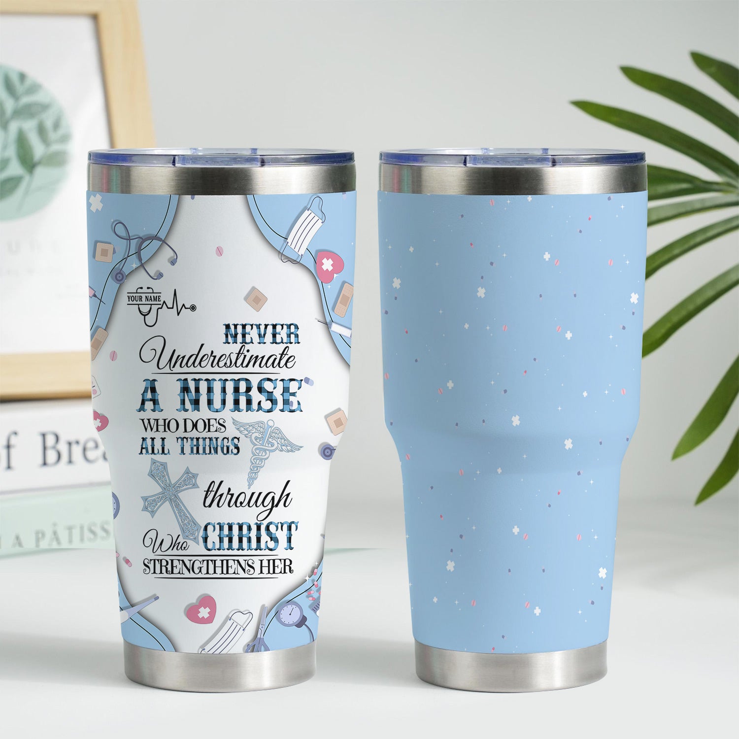 Personalized Christian Nurse Tumbler for RN LPN CNA - Custom Name All Things Through Christ Quote - Faith Medical Gift for Healthcare Workers