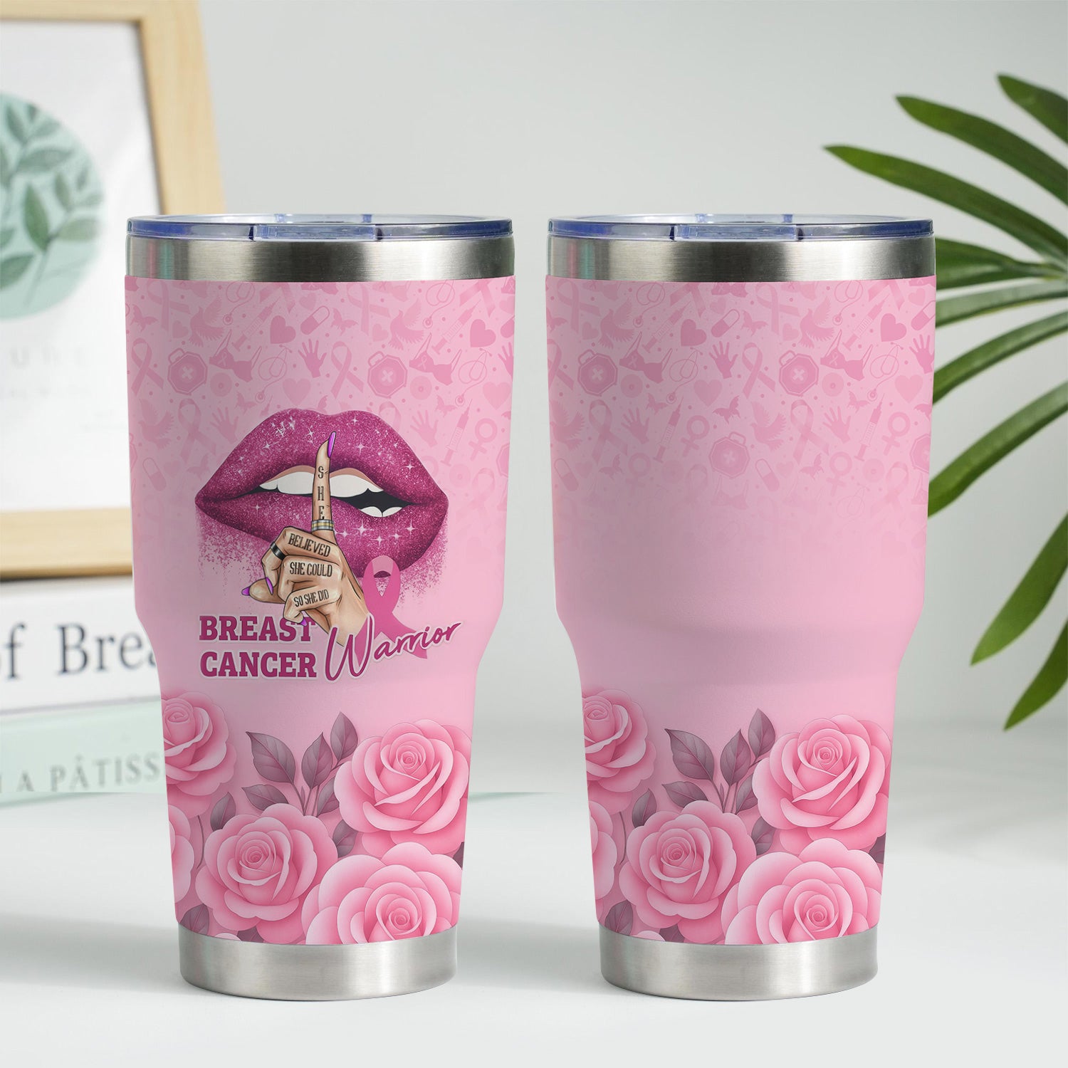 Personalized Breast Cancer Warrior Tumbler - She Believed She Could  Pink Ribbon Design - Gift for Women RN LPN CNA