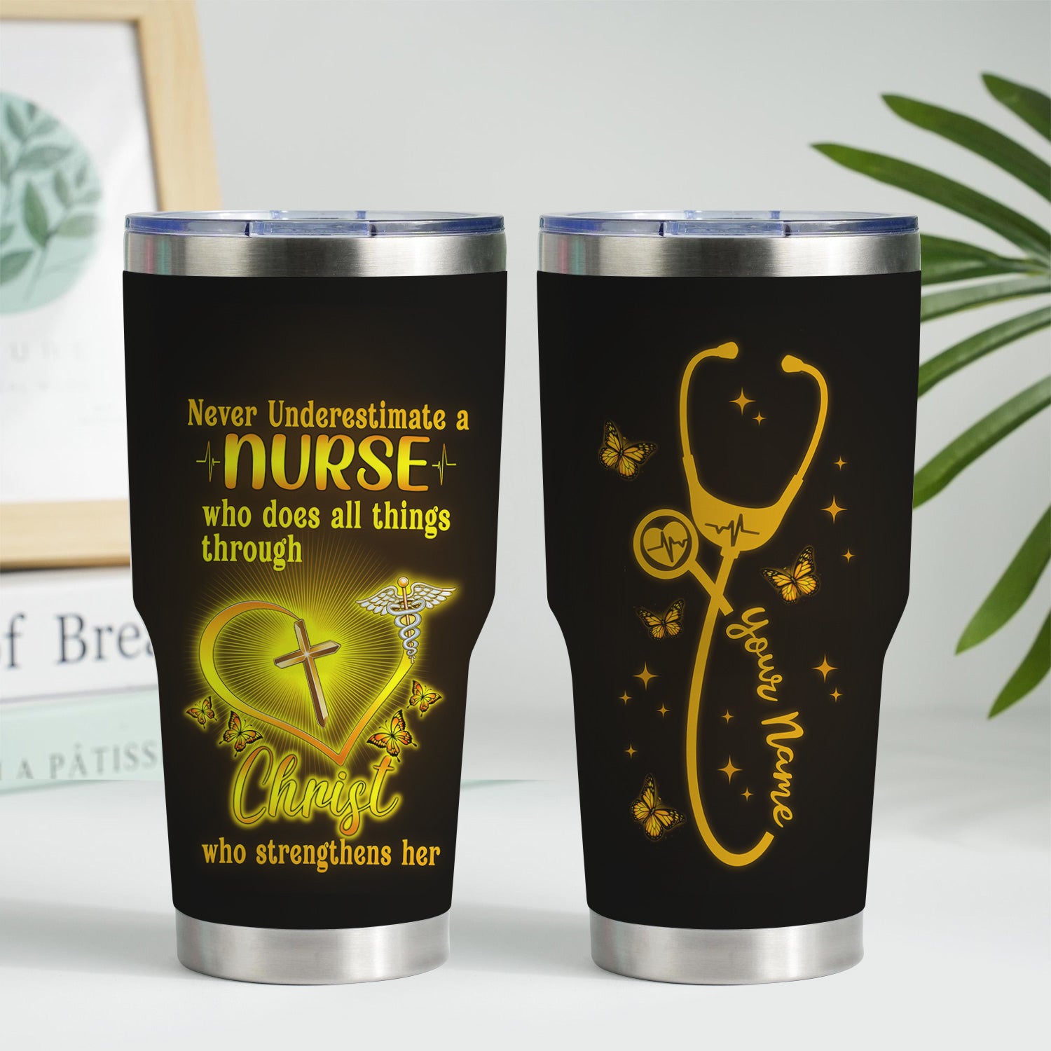 Personalized Religious Nurse Tumbler - Christian Quote with Cross & Butterfly Design - Inspirational Gift for Faithful RN LPN CNA Staff