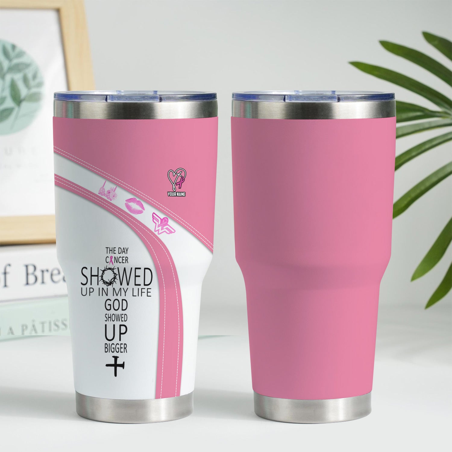 Custom Breast Cancer Awareness Tumbler - The Day Cancer Showed Up Faith Quote - Gift for Nurse RN LPN CNA
