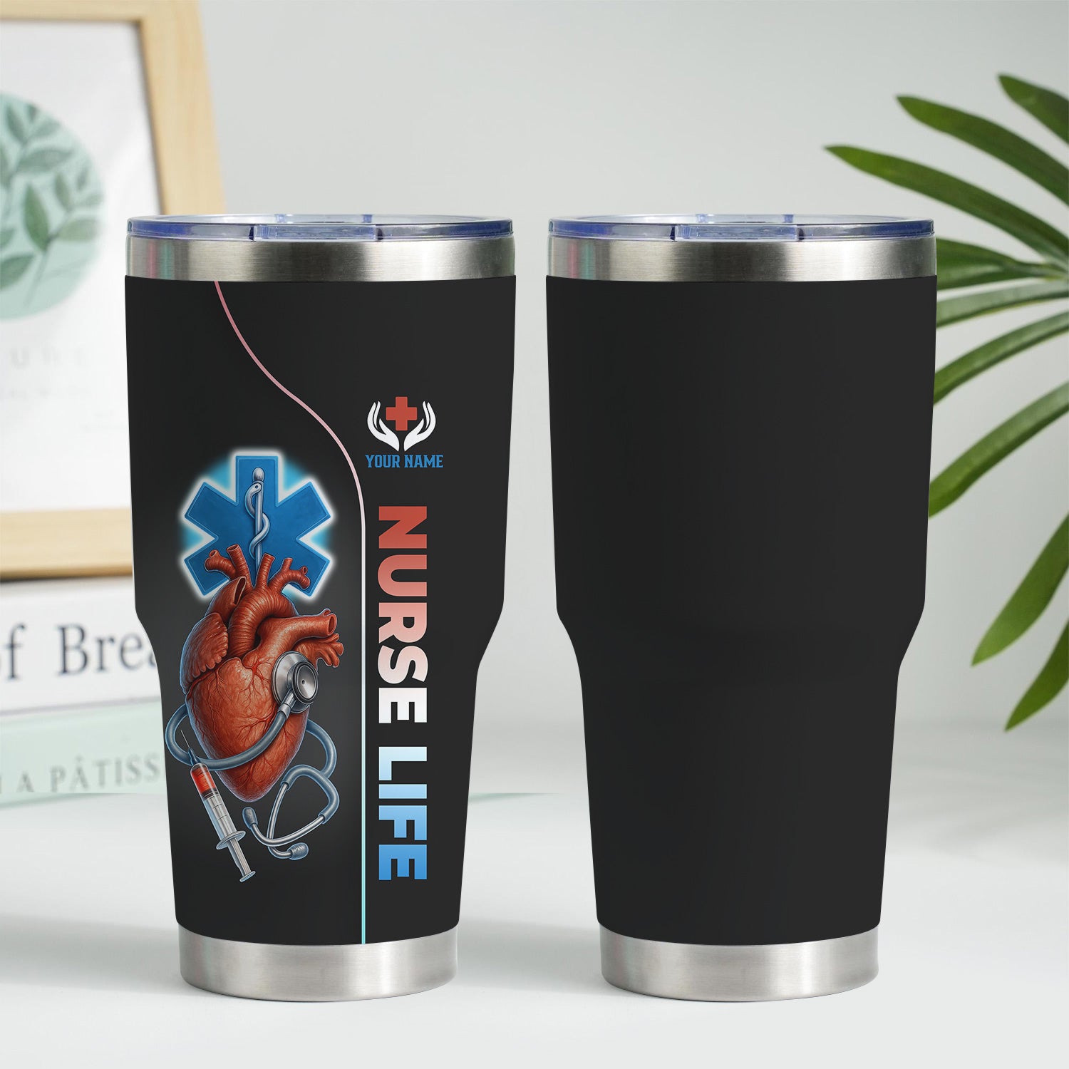 Custom Name Nurse Tumbler - Realistic Heart with Syringe & Caduceus Symbol - Medical Gift for Healthcare Worker