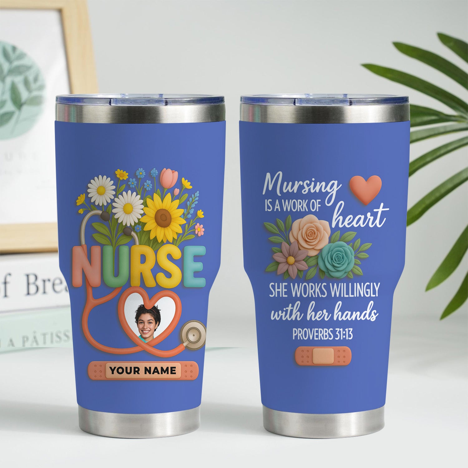 Personalized Thank You Nurse Tumbler - Nursing Is a Work of Heart with Floral Stethoscope Design - Meaningful Gift for RN CNA LPN