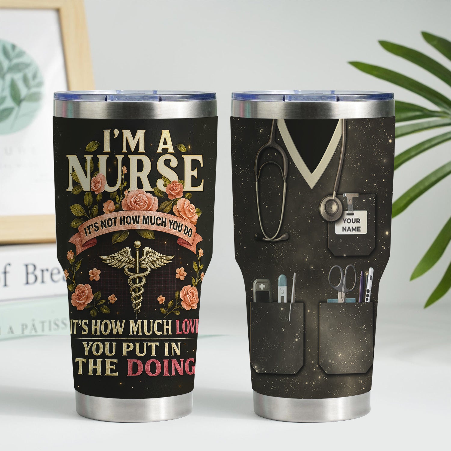Personalized Healthcare Workers Tumbler for Nurses RN LPN CNA - Flower Medical Nursing Design with Stethoscope Caduceus - Appreciation Gift for Hospital Staff
