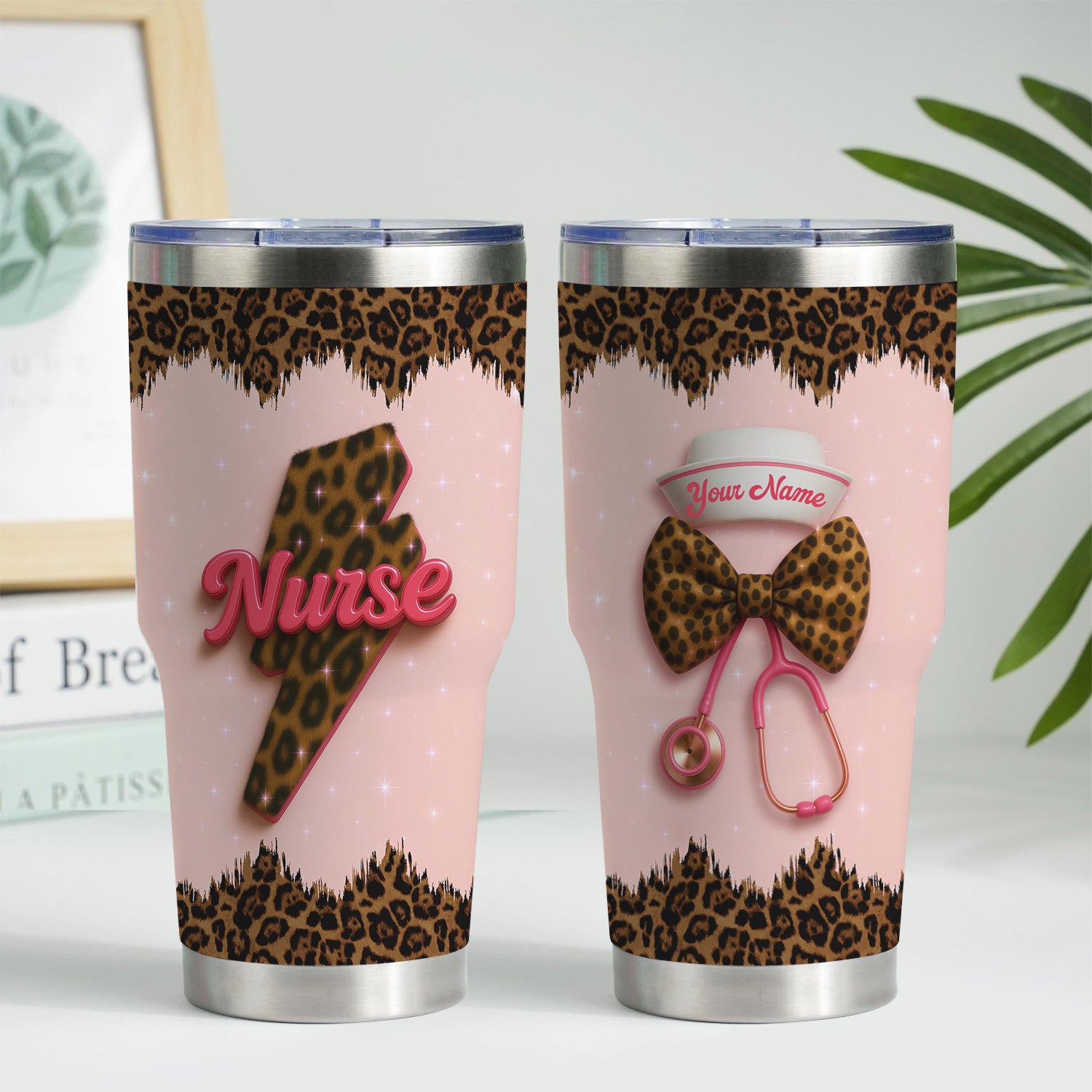 Personalized Leopard Nurse Tumbler - Cute Stethoscope & Heart Bow Design - Custom Tumbler for RN CNA LPN Healthcare Professionals