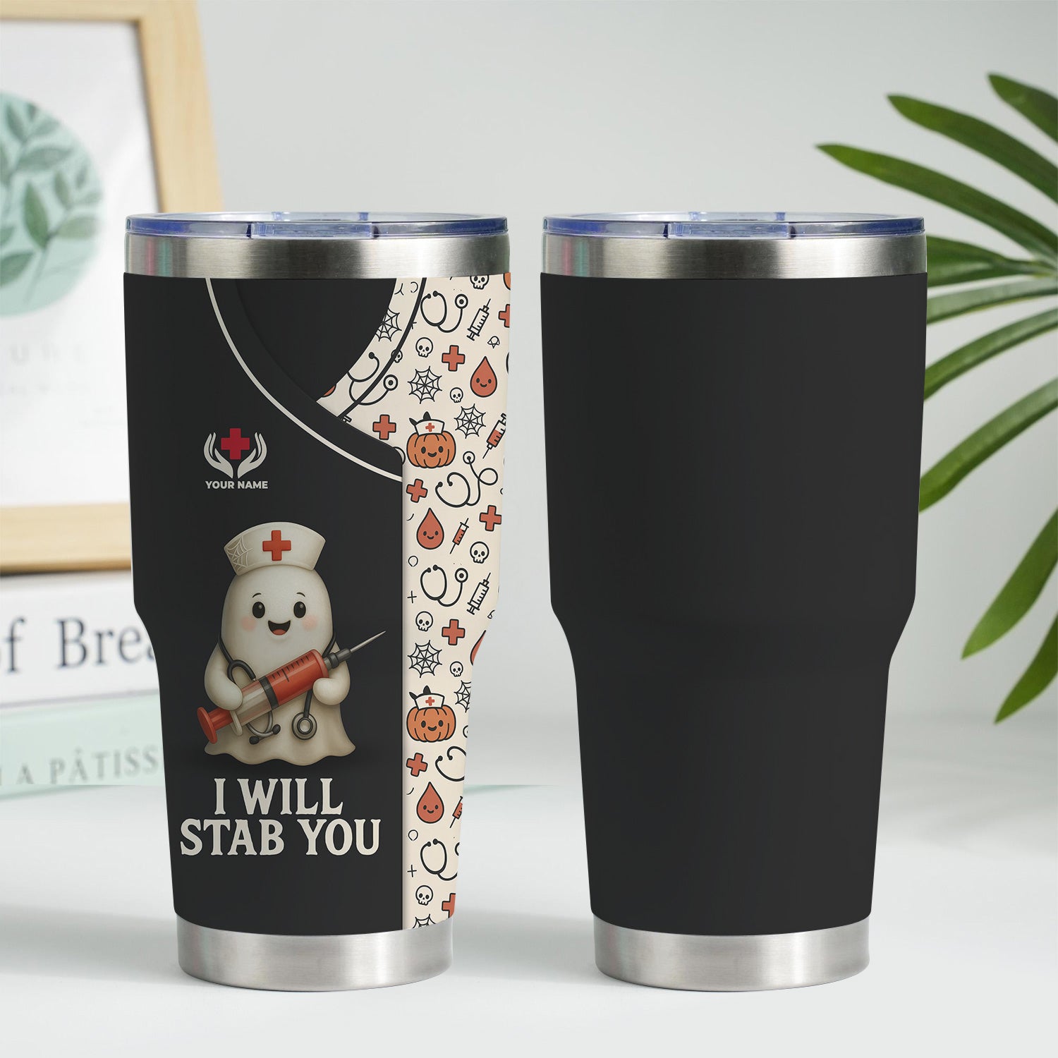 Funny Personalized Halloween Nurse Tumbler - I Will Stab You Quote with Syringe - Custom Name Gift for  RN LPN CNA Healthcare Workers