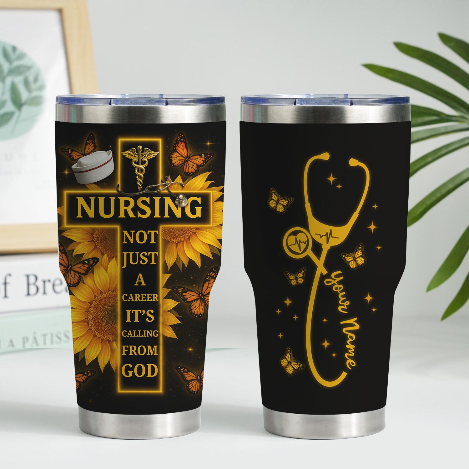 Custom Christian Nurse Tumbler - Faith-Based Gift with Stethoscope & Sunflower Cross - Great Gift for Christian RN CNA LPN Women