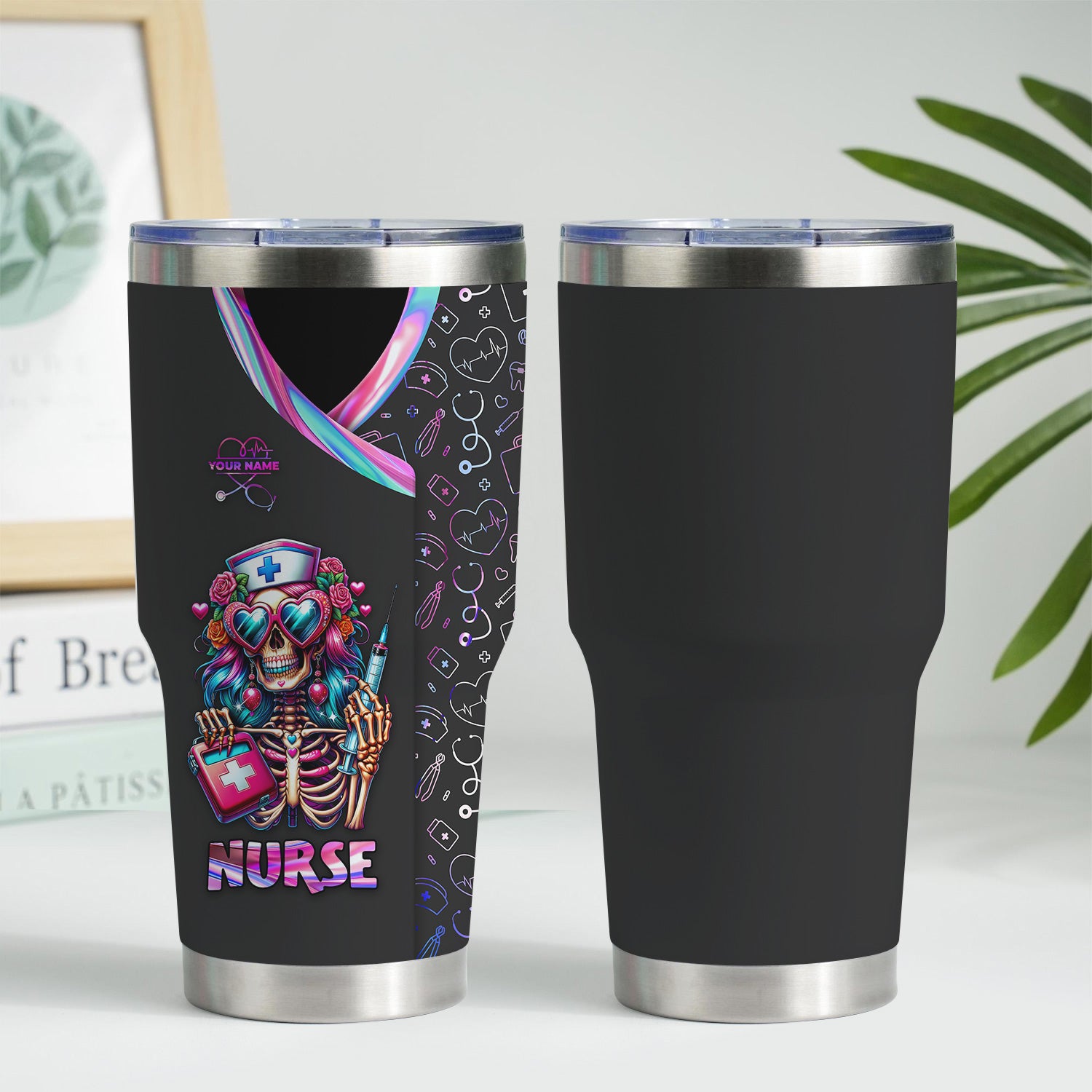 Custom Funny Skeleton Nurse Tumbler - Neon Skull with Heart Glasses & Syringe Design - Personalized Gift for RN LPN CNA