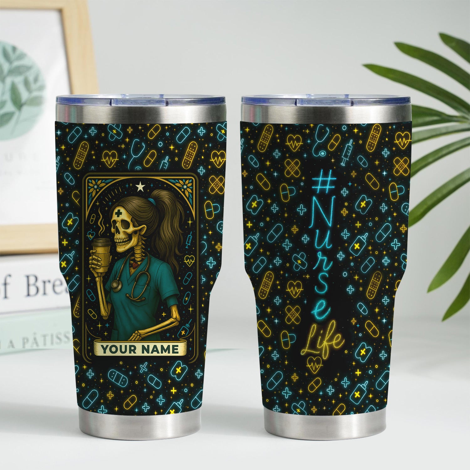 Funny Skeleton Nurse Tumbler - Personalized Coffee Cup for RN CNA LPN - Halloween Neon Design with Custom Name