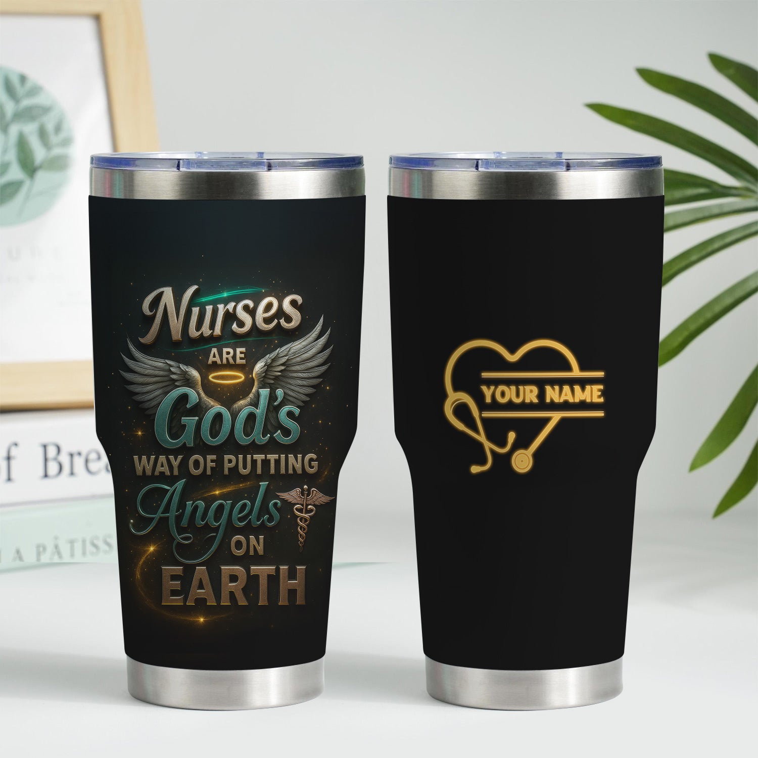 Personalized Religious Nurse Tumbler - Angel Wings & Halo Medical Design - Christian Gift for RN, CNA, Healthcare Worker