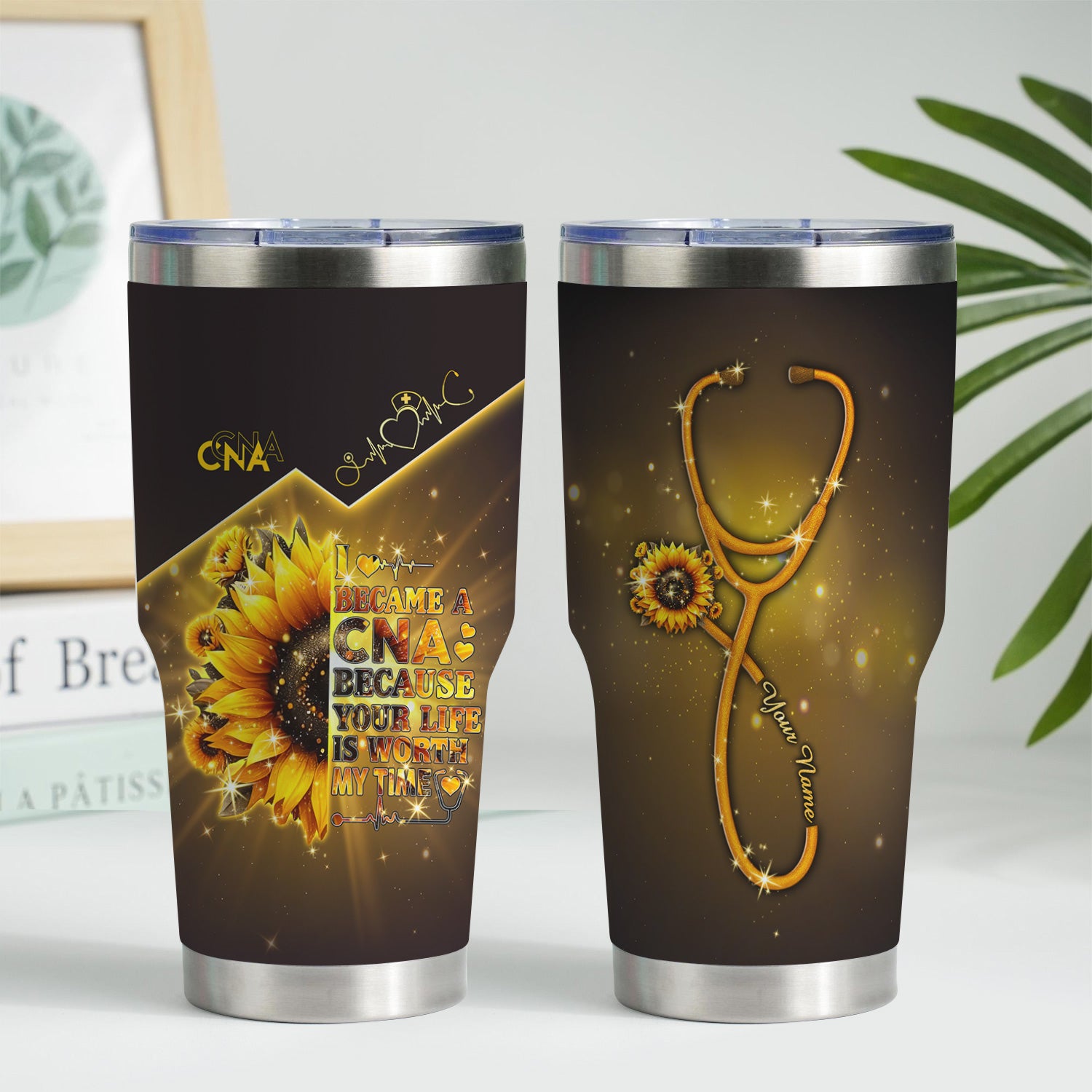 Personalized CNA Floral Tumbler - Stethoscope Sunflower Graphic Design - Gift for RN LPN CNA