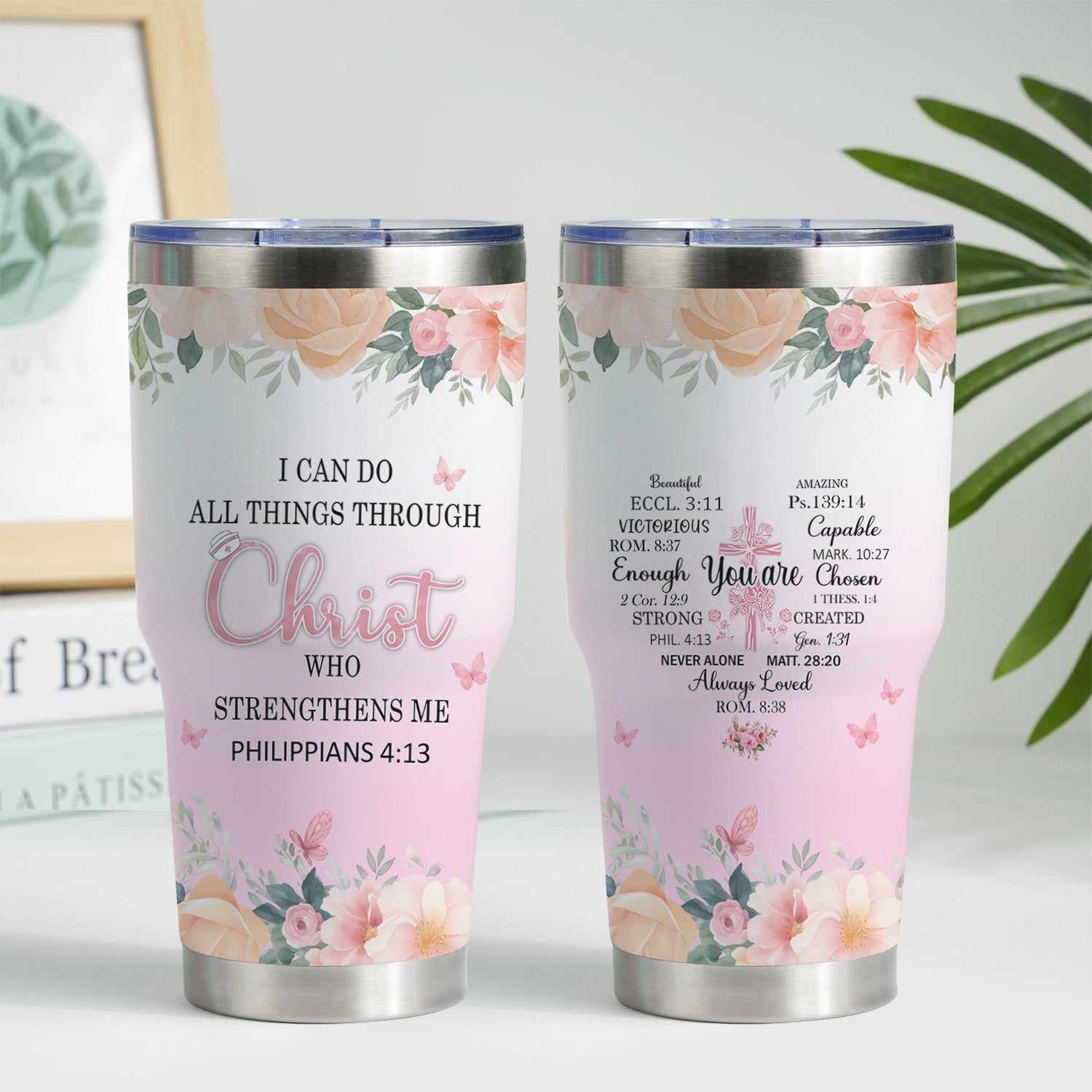 Floral Christian Nurse Tumbler - Inspirational Bible Verse Apparel - Gift for RN LPN CNA Healthcare Staff