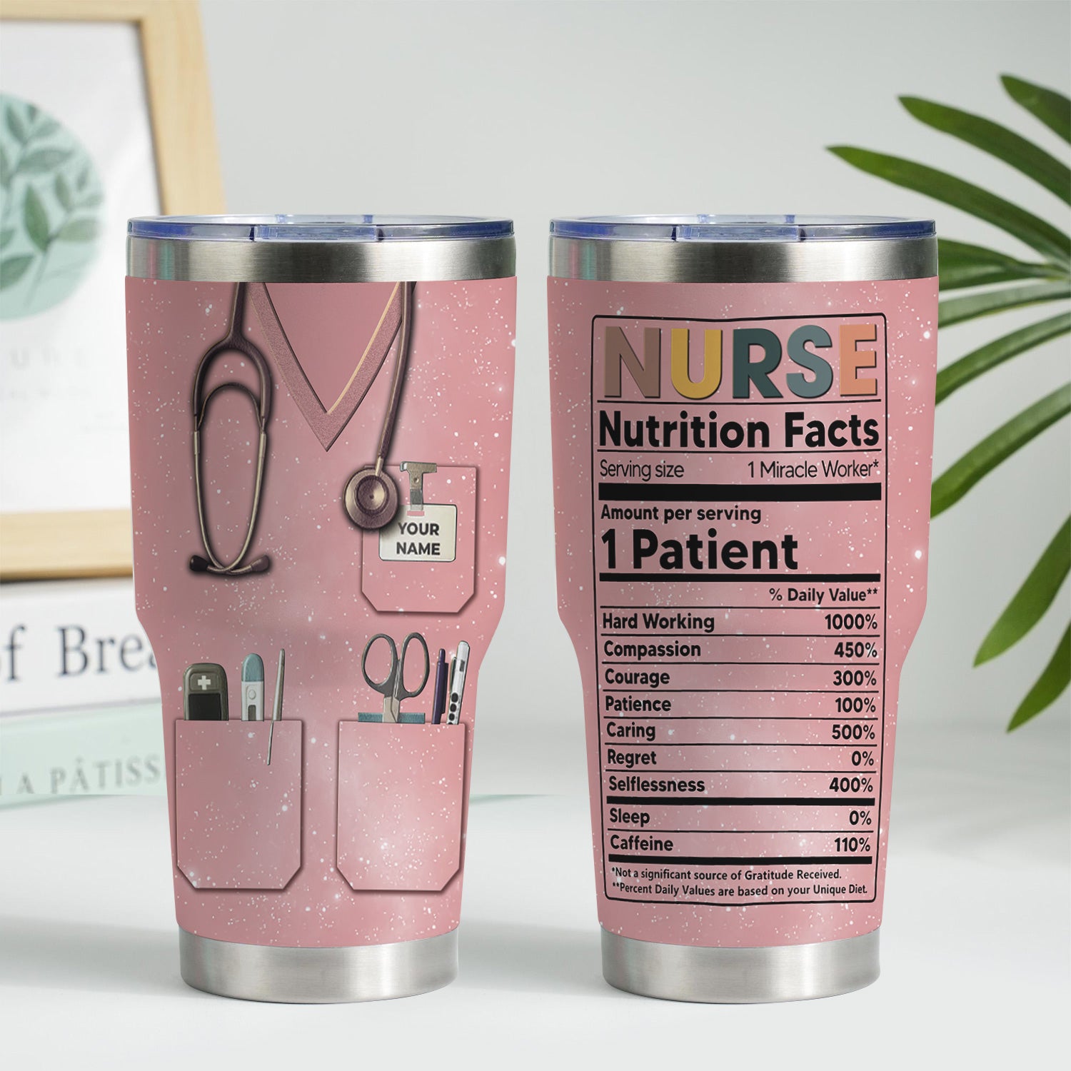 Custom Name Nurse Nutrition Facts Tumbler - Funny Medical Worker Design with Stethoscope and Tools - Appreciation Gift for RN LPN CNA