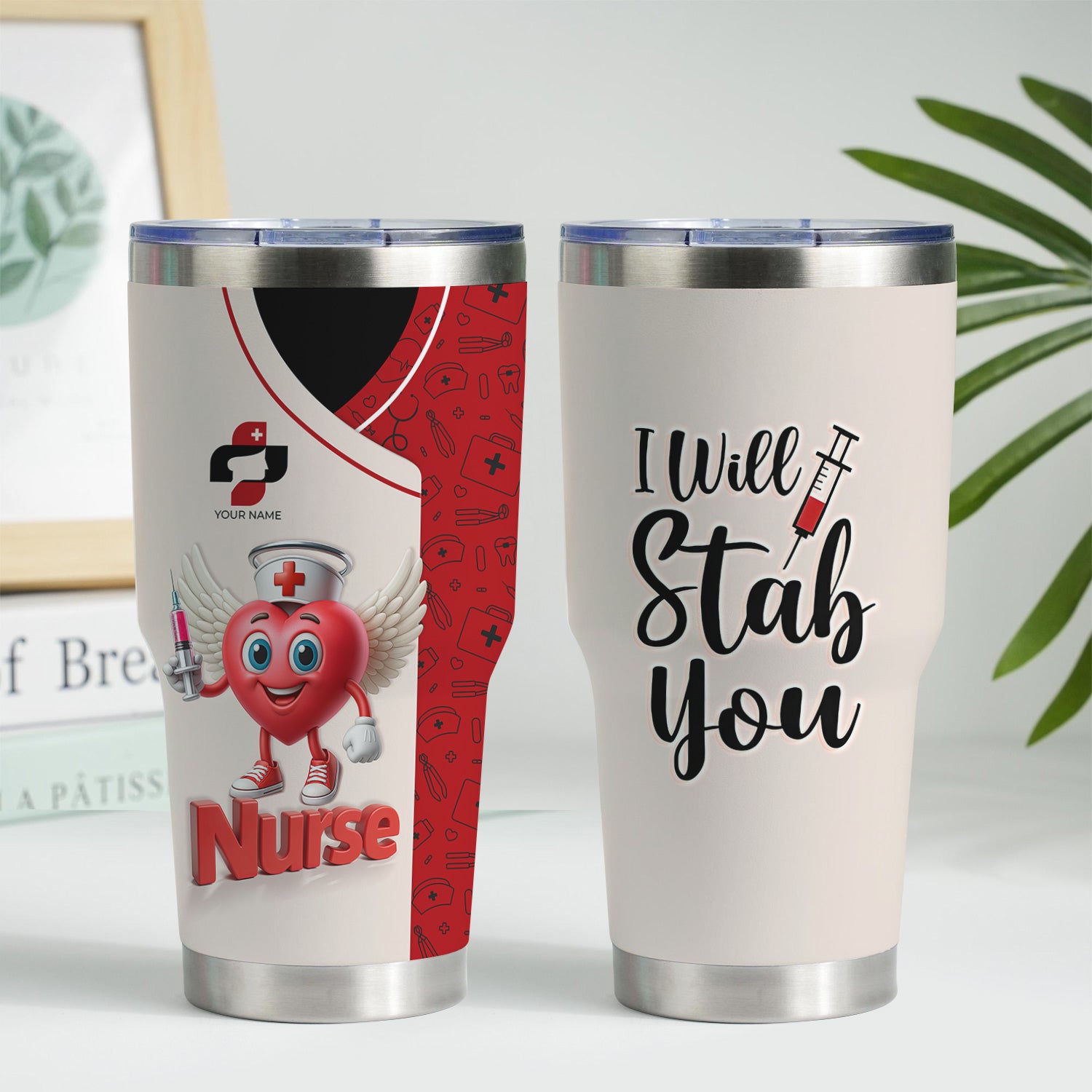 Custom Nurse Travel Tumbler - Cute Heart Cartoon with Syringe Design - Hilarious I Will Stab You Gift for Healthcare Professionals