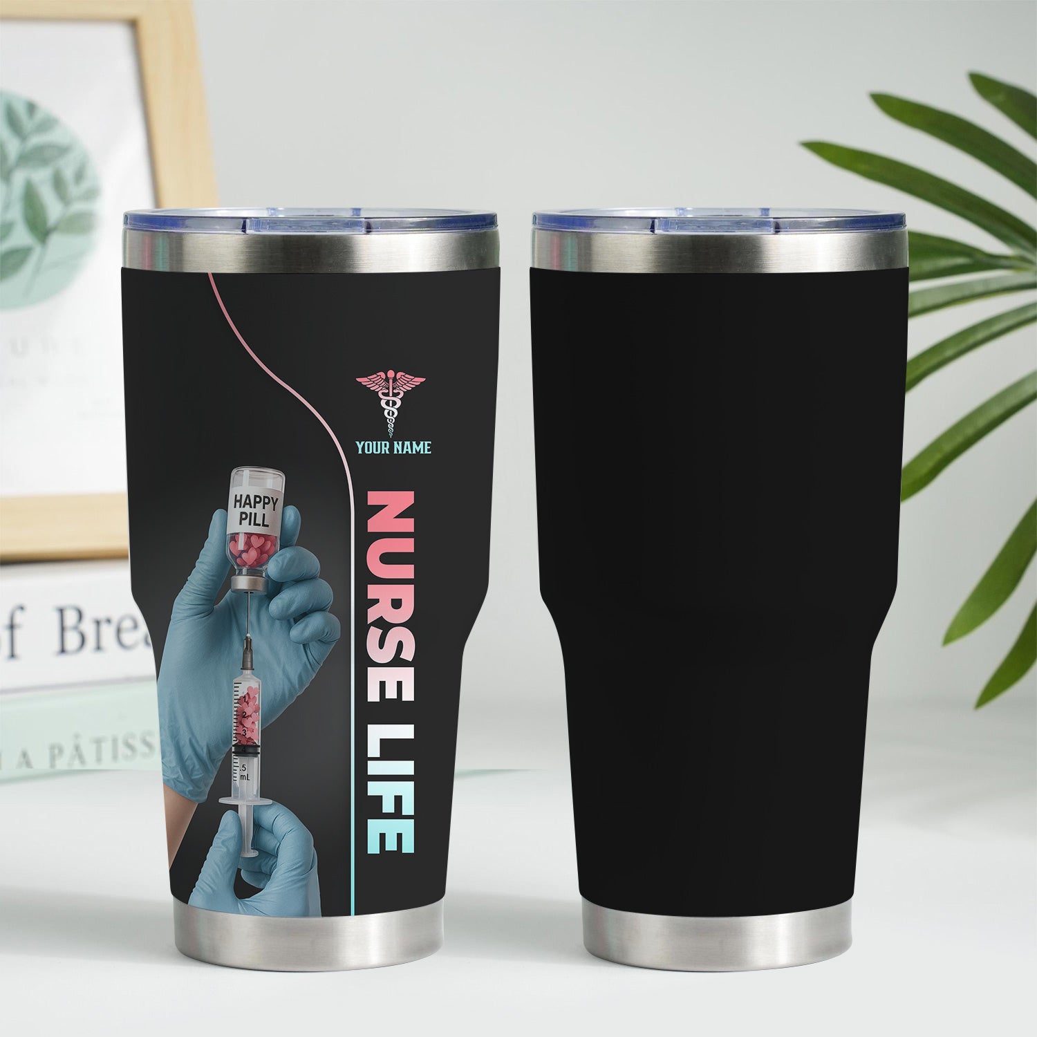 Personalized Nurse Tumbler with Name - Funny Happy Pill Design - Stainless Steel Insulated Cup - Gift for RN CNA LPN Women
