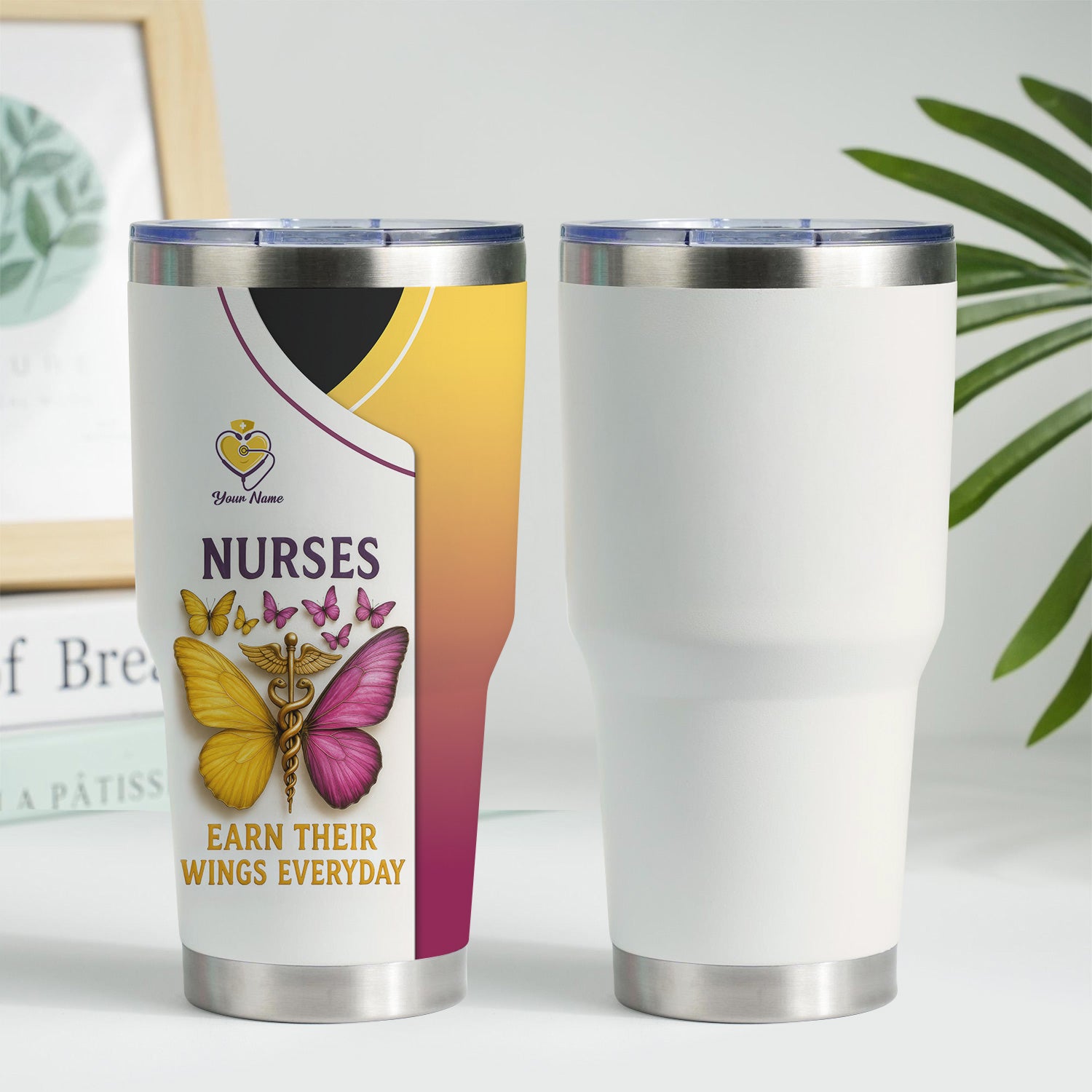 Personalized Nurse Tumbler - Butterfly Wings Everyday Design - Custom Name Gift for RN LPN CNA Women Healthcare Workers