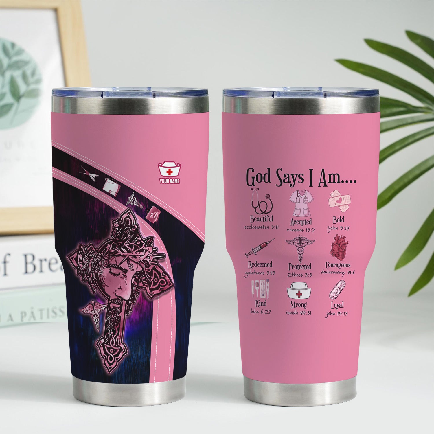 Custom Nurse Faith Tumbler - God Says I Am Bible Verses Design - Gift for RN LPN Healthcare Workers