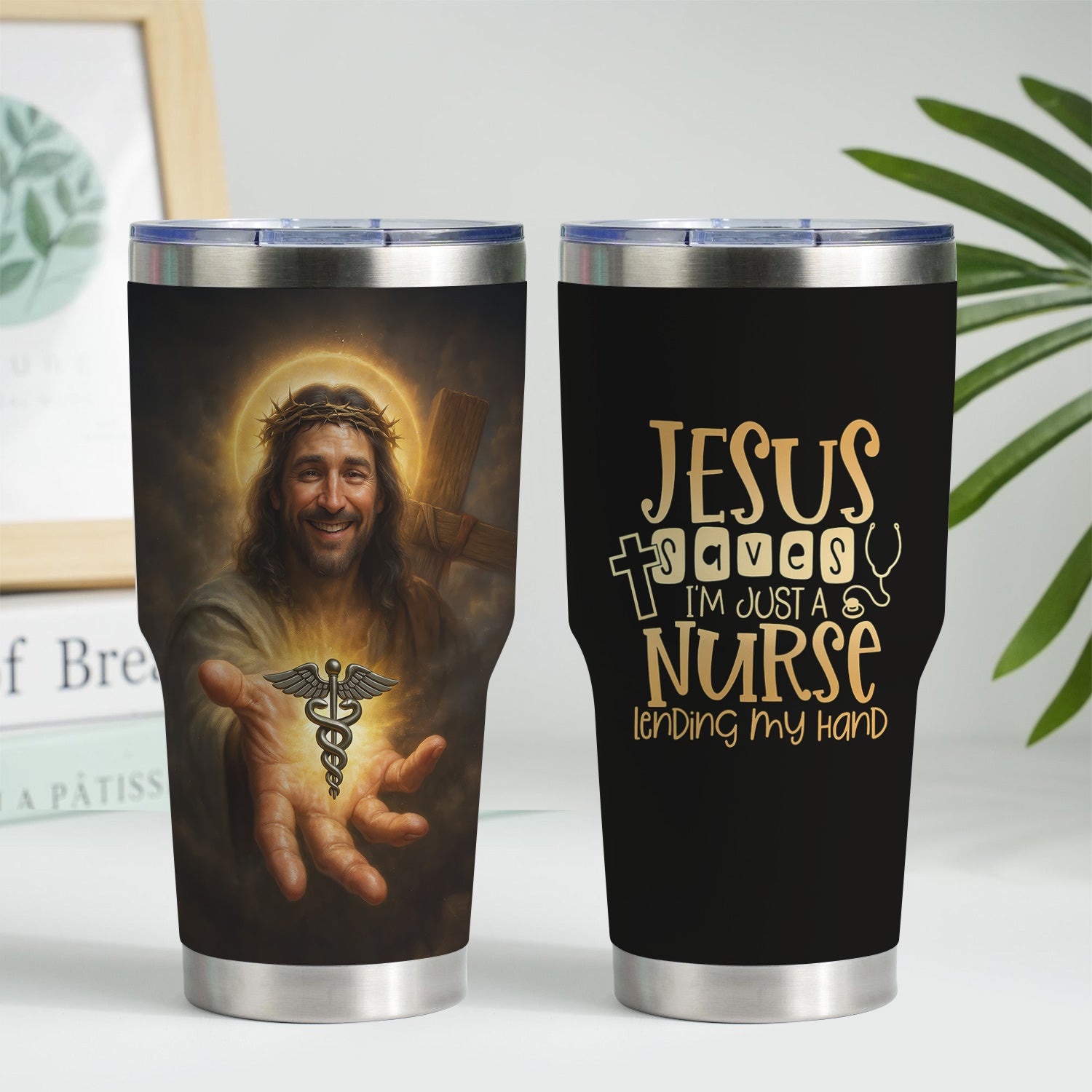 Personalized Religious Nurse Tumbler with Jesus and Caduceus Symbol - Jesus Saves Inspirational Christian Quote - Gift for RN CNA LPN
