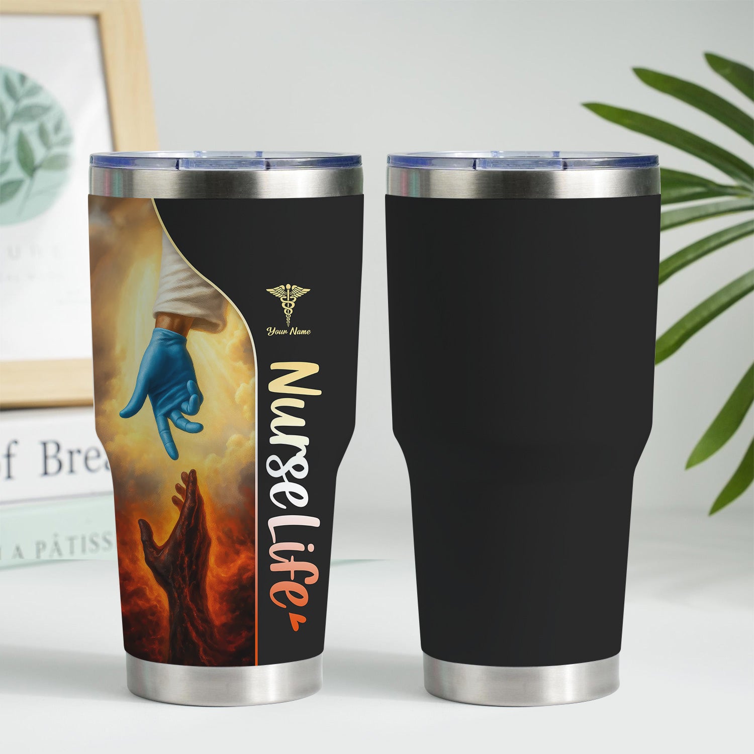 Christian Nurse Stainless Tumbler with Name - God’s Hand Reaching Design - Inspirational Gift for Faithful RN LPN CNA Women in Healthcare