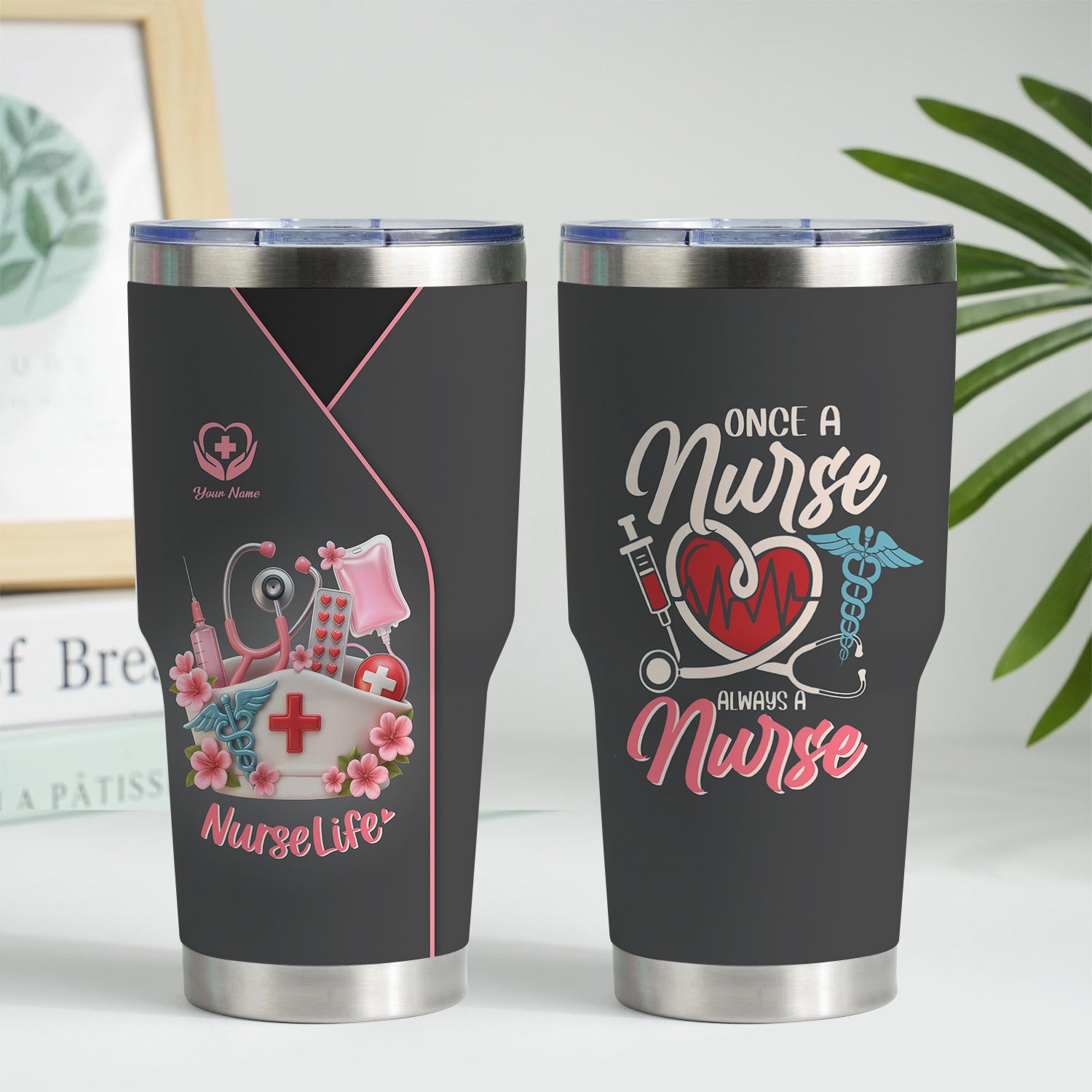 Personalized Nurse Tumbler - Cute Scrub & Heartbeat Design - Gift for RN LPN CNA Students and Workers