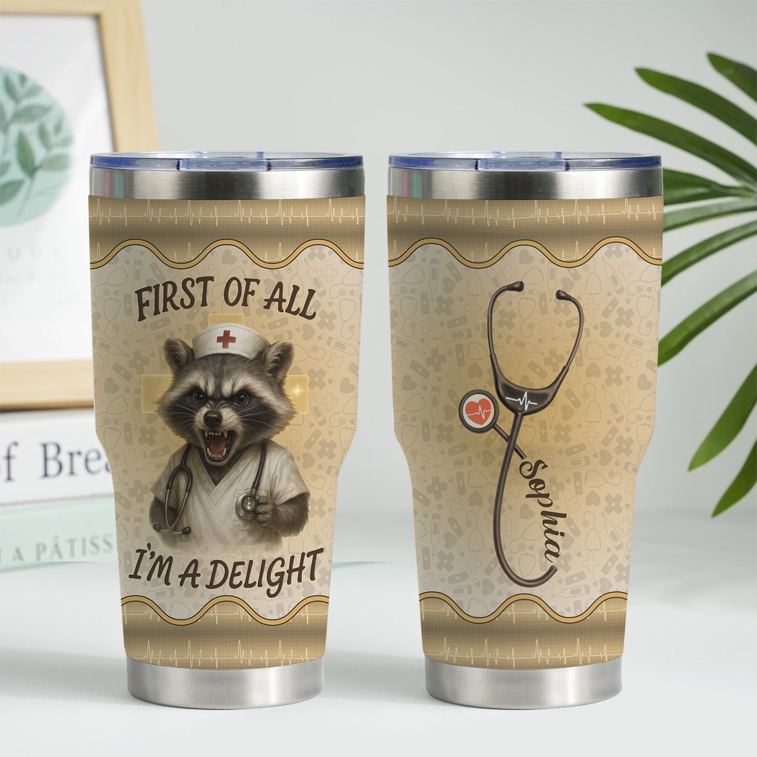 Funny Nurse Tumbler - First Of All I'm A Delight - Personalized Raccoon Mug with Name - Gift for RN CNA LPN Women - Stainless Steel Travel Cup
