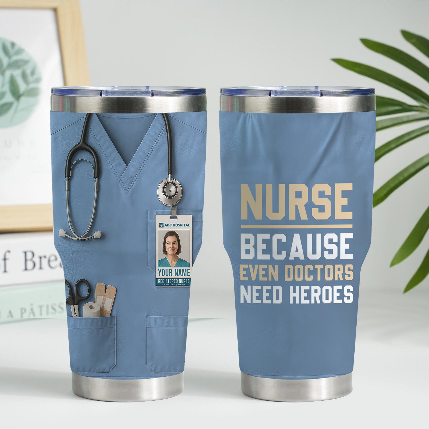 Custom Nurse Tumbler - Stethoscope & Hospital ID Badge Design - Personalized Gift with Custom Text & Photo for RN CNA LPN Healthcare Workers
