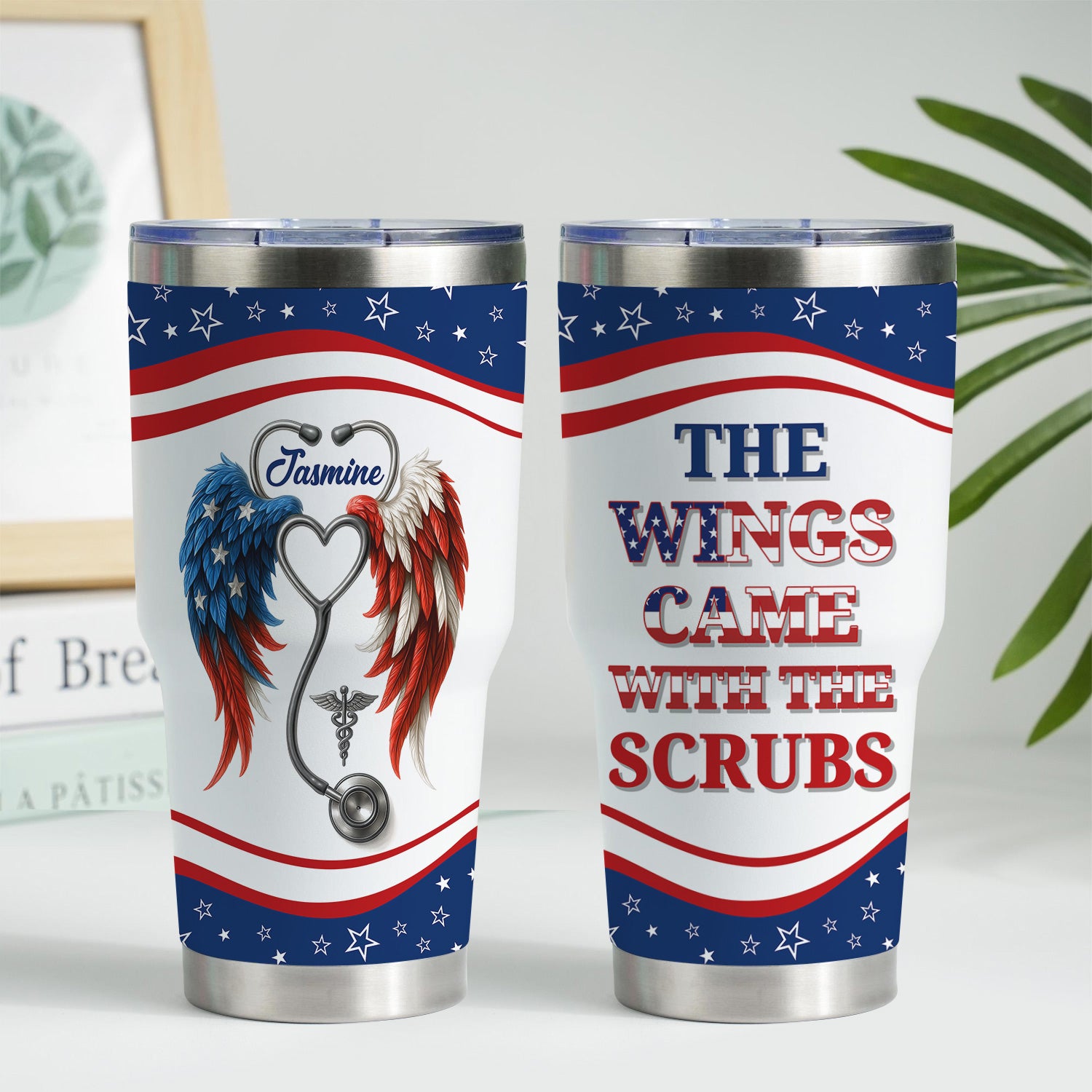 Personalized Nurse Tumbler - American Flag Angel Wings Stethoscope - The Wings Came With The Scrubs Gift