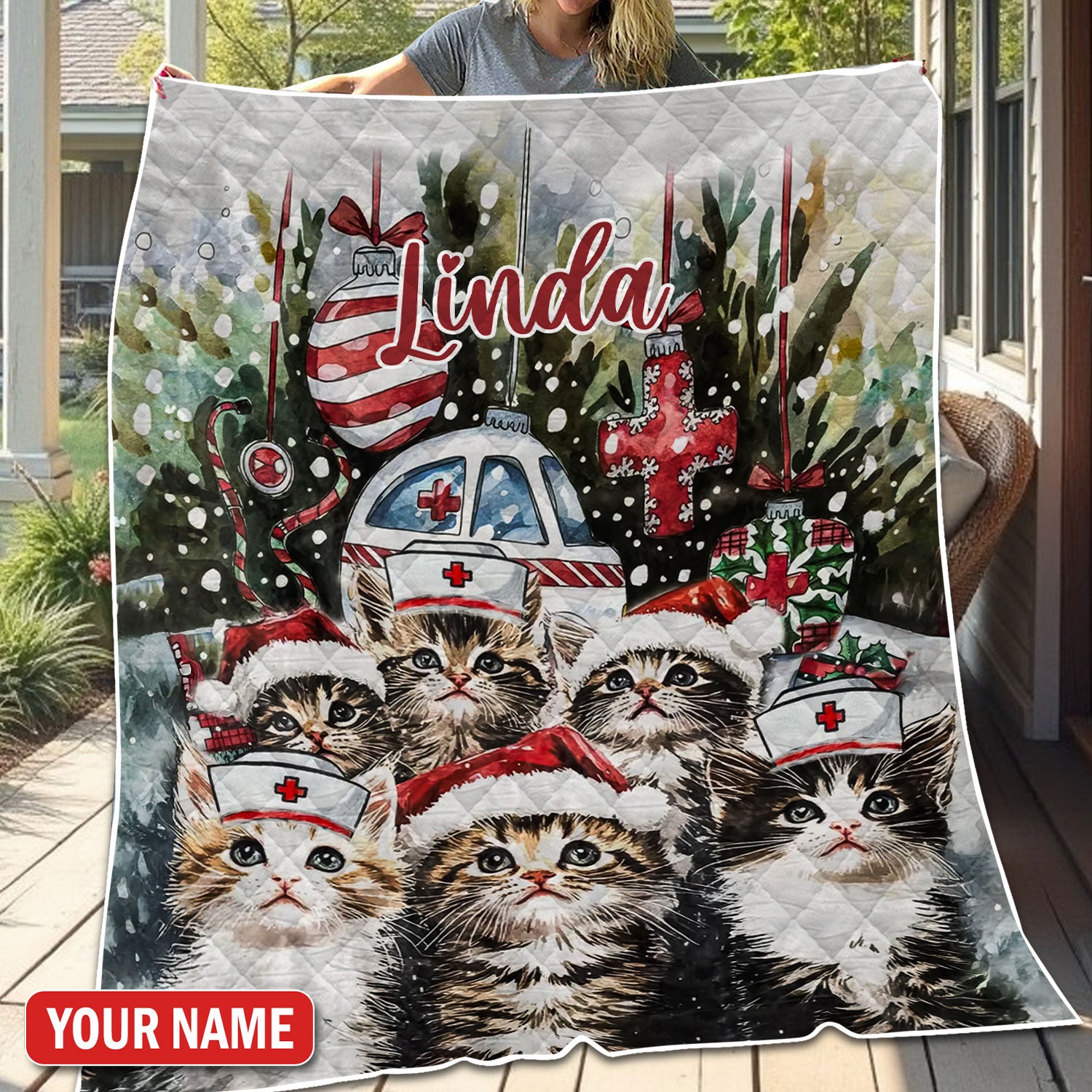 Custom Nurse Cat Blanket, Personalized Christmas Throw Blanket With Name, Cute Kitty Nurse Gift for RNs And Healthcare Workers