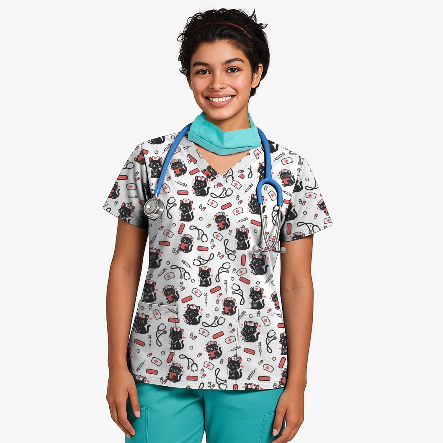 Cute Black Cat Nurse Scrub Top for Women - Medical Uniform Shirt with Stethoscope & Pill Print - Gift for CNA, LPN, Medical Worker