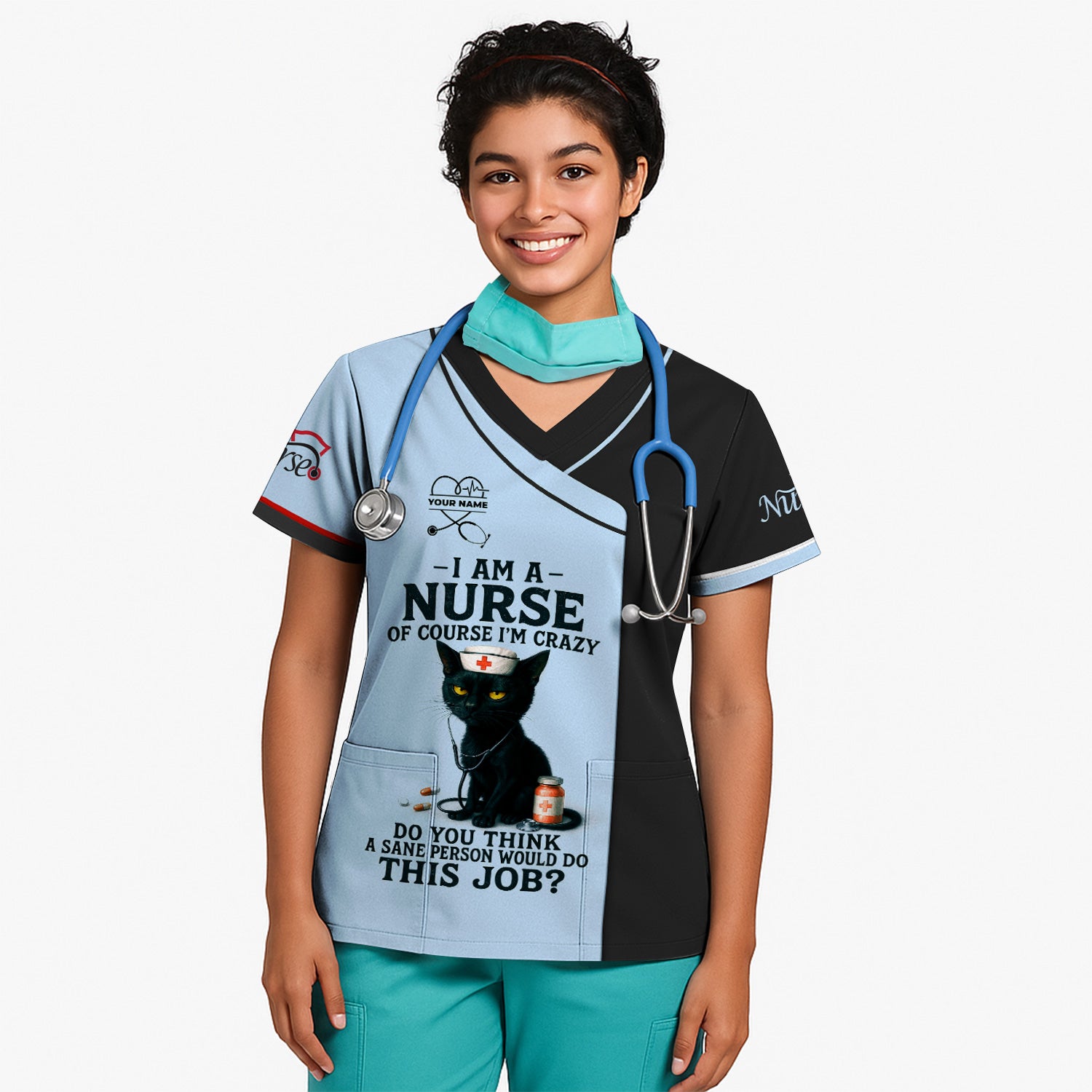 Funny Nurse Scrub Shirt with Black Cat Quote Design - Multiple Color Options Available - Gift for RN CNA LPN Healthcare Workers