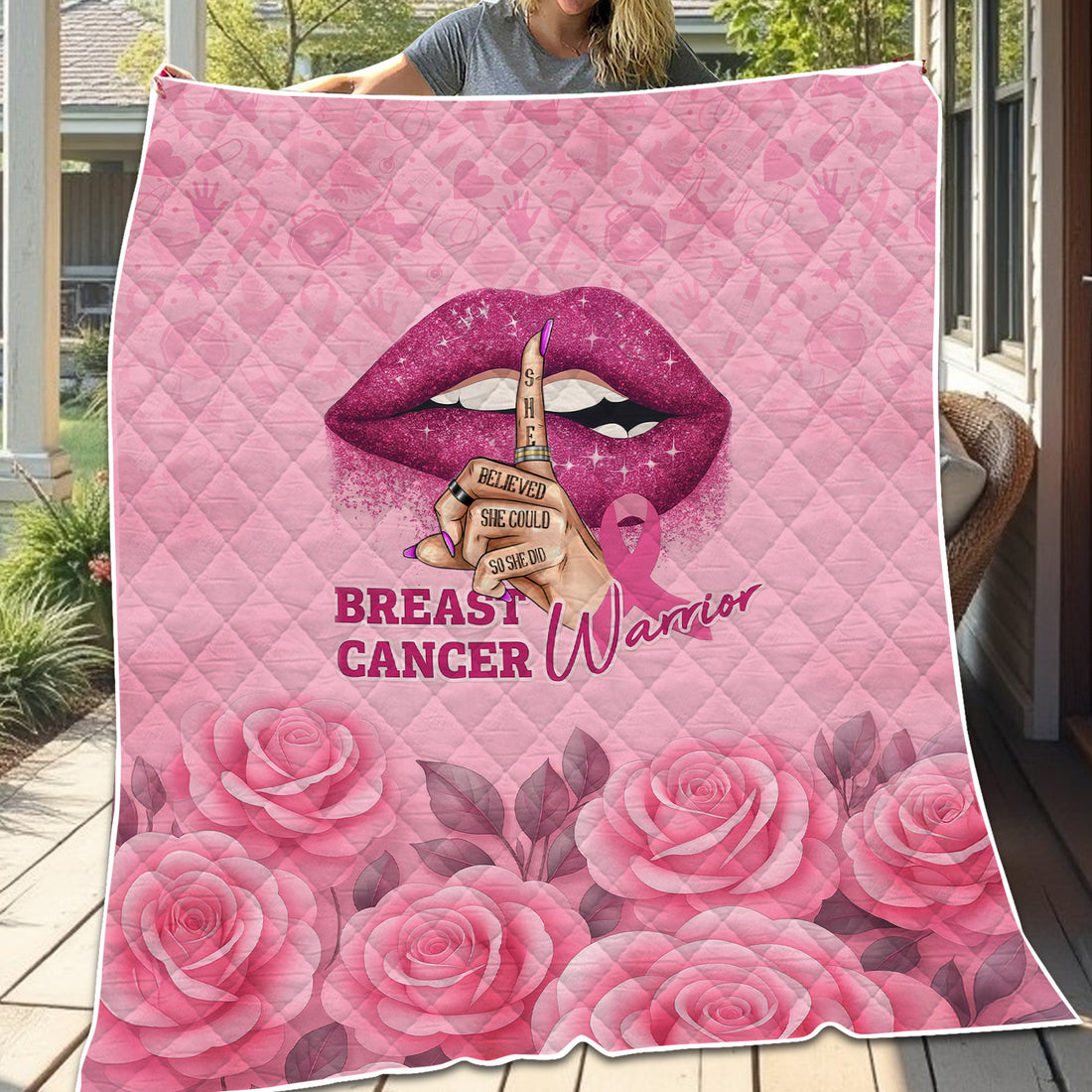 Custom Breast Cancer Awareness Floral Blanket - Warrior Quote & Rose Pattern Graphic - Gift for RN LPN CNA