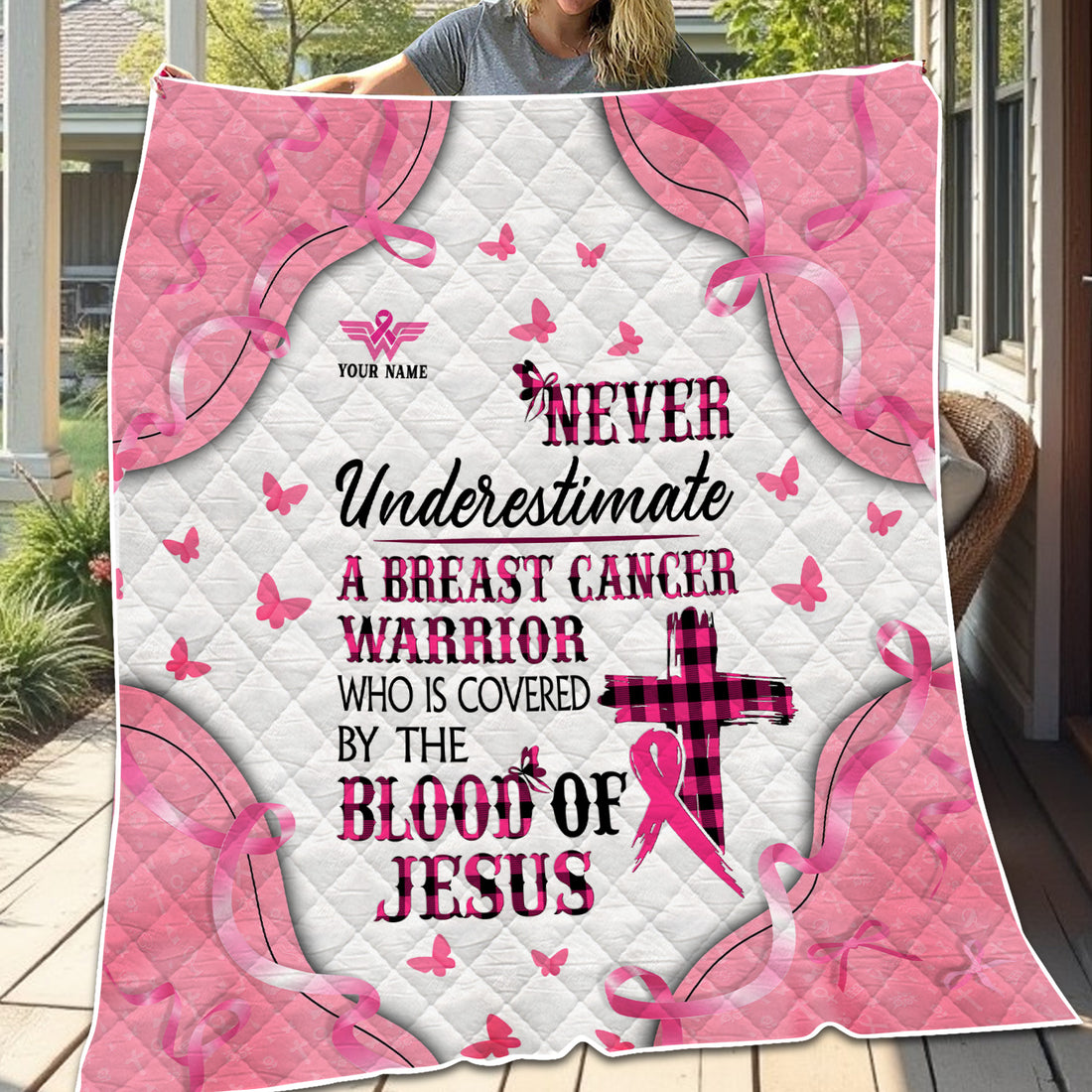 Personalized Breast Cancer Warrior Blanket - Christian Faith Quote & Pink Ribbon Design - Gift for RN LPN CNA