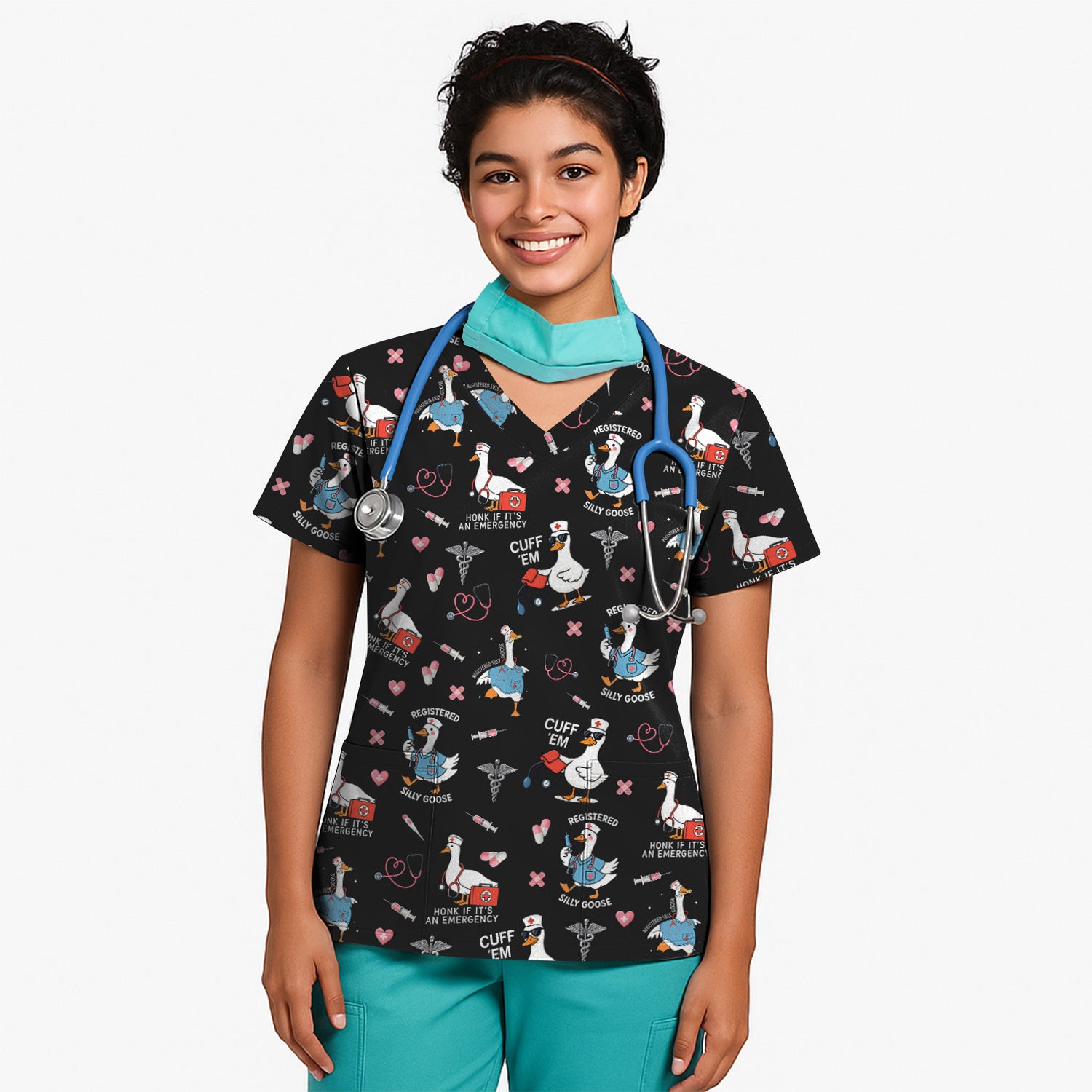 Funny Goose Nurse Scrub Top for Women - Medical Uniform Shirt with Stethoscope & Heart Print - Fun Gift for RN CNA LPN