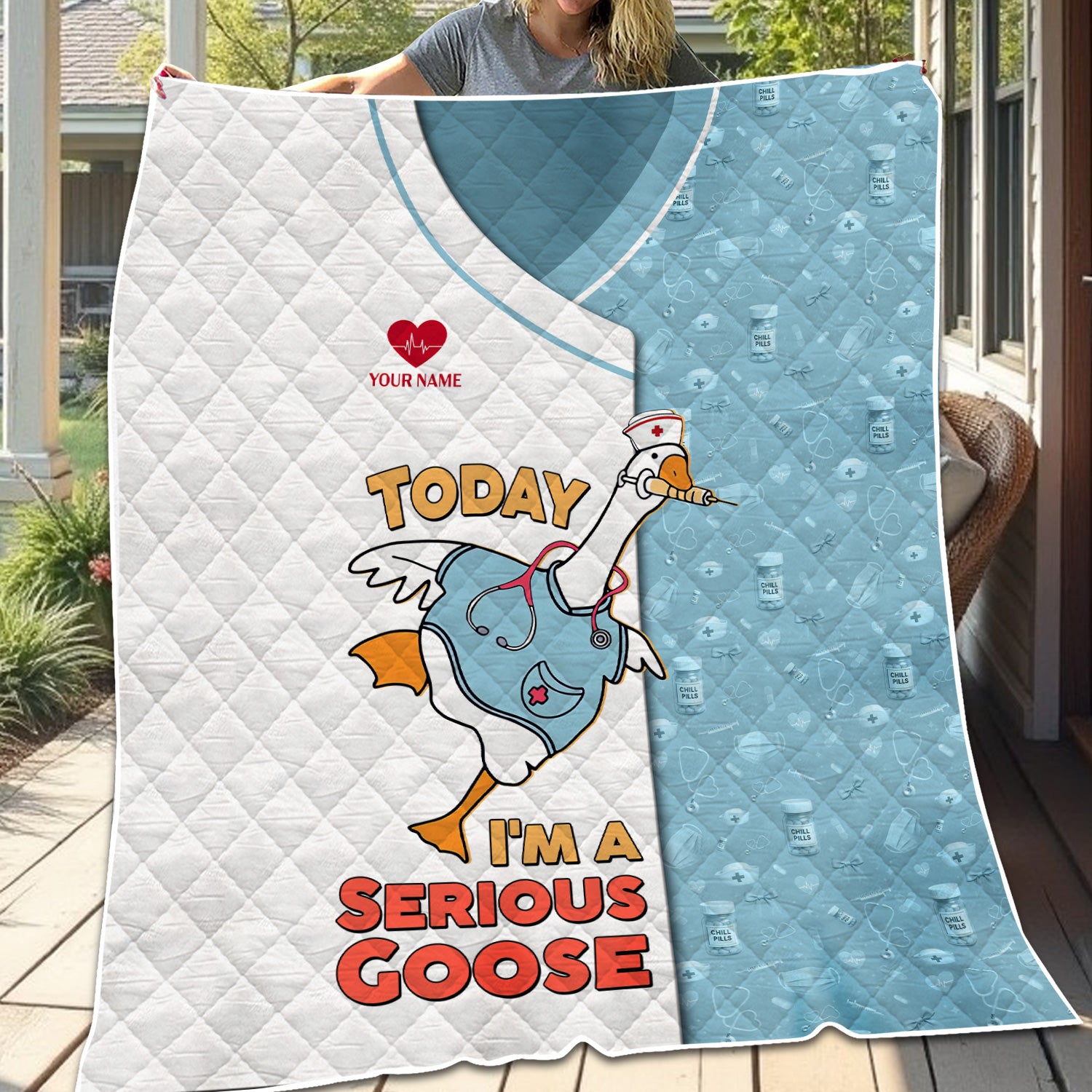 Custom Silly Goose Nurse Blanket - Cute Stethoscope & Scrubs Cartoon - Fun Gift for Healthcare Workers