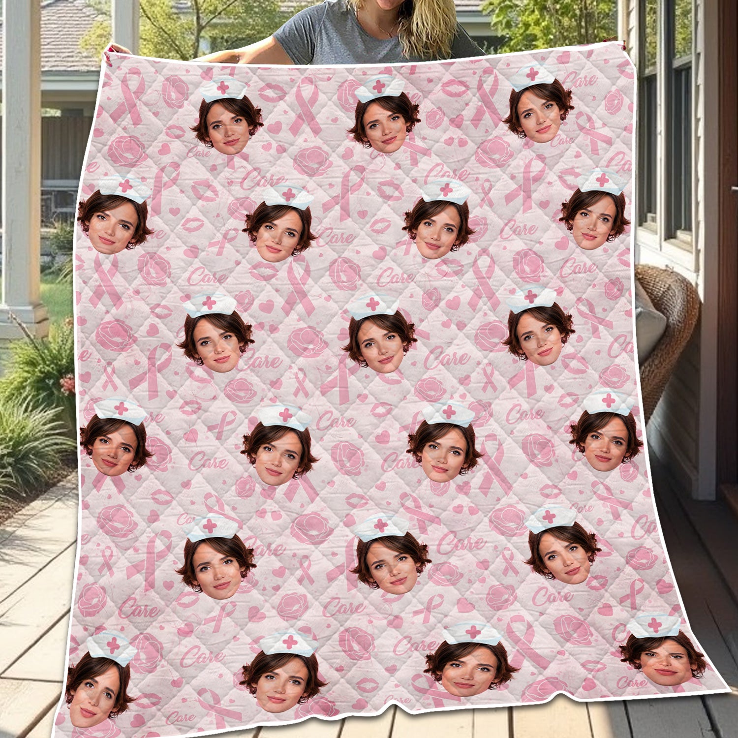 Custom Face Nurse Blanket Pink Ribbon Awareness - Personalized Breast Cancer Support Throw - Gift for Women RN LPN CNA