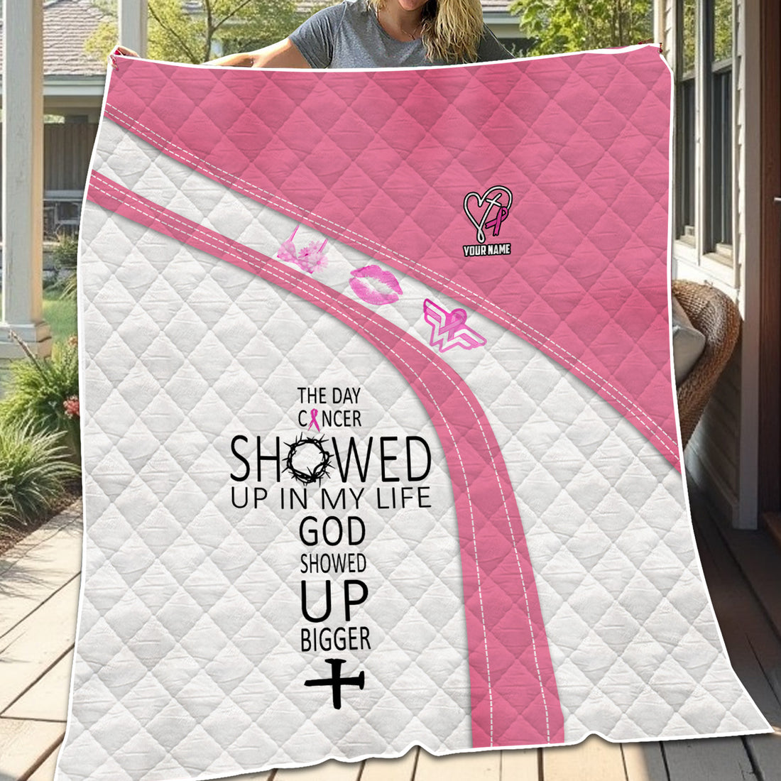 Personalized Christian Breast Cancer Blanket - God Showed Up Bigger Faith Quote - Gift for Women RN LPN CNA