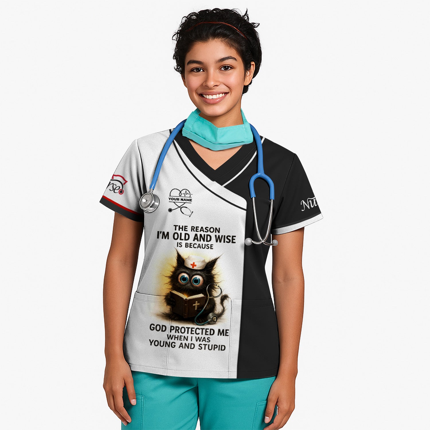 Personalized Funny Nurse Scrubs - Cute Cat & Bible Design with Custom Name - Ideal for RN, CNA, LPN - Best Gift for Healthcare Professionals