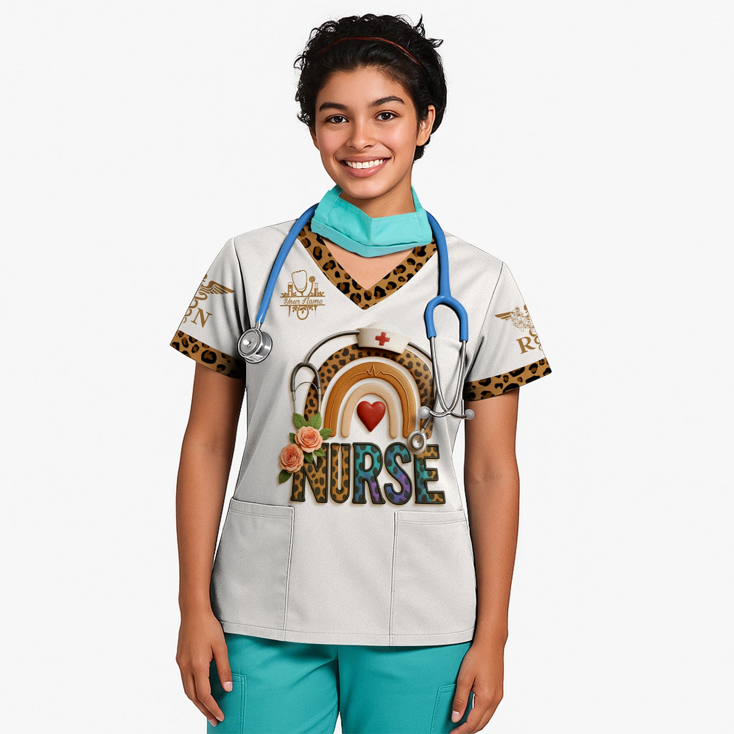 Funny Nurse Scrubs for Women - Leopard RN CNA LPN Uniform Top - Nursing Requirements Design with Custom Name