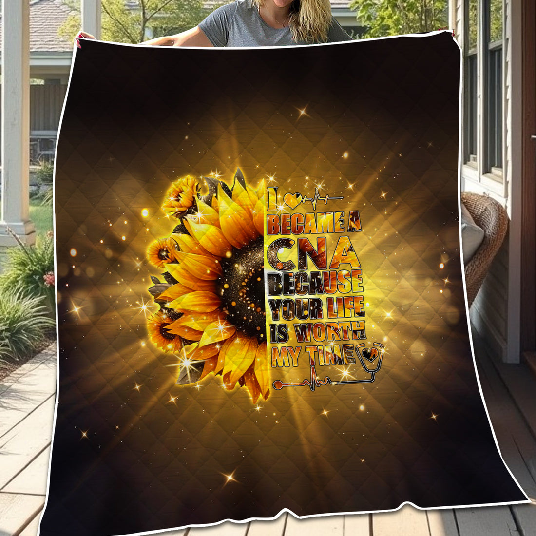 CNA Sunflower Throw Blanket - Inspirational Quote & Stethoscope Graphic - Gift for Healthcare Workers, Nurses