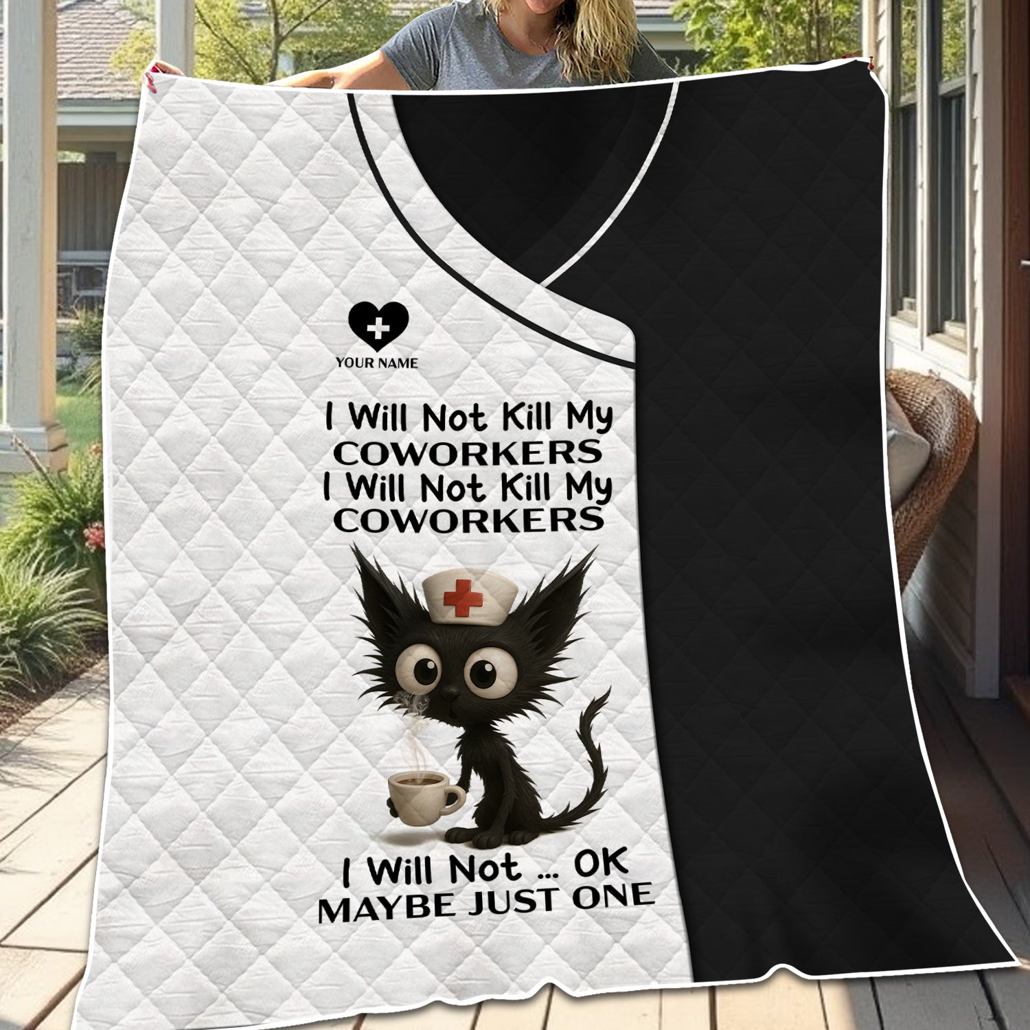 Personalized Funny Nurse Blanket with Angry Cat Quote - I Will Not Kill My Coworkers Design - Custom Name Gift for RN LPN CNA