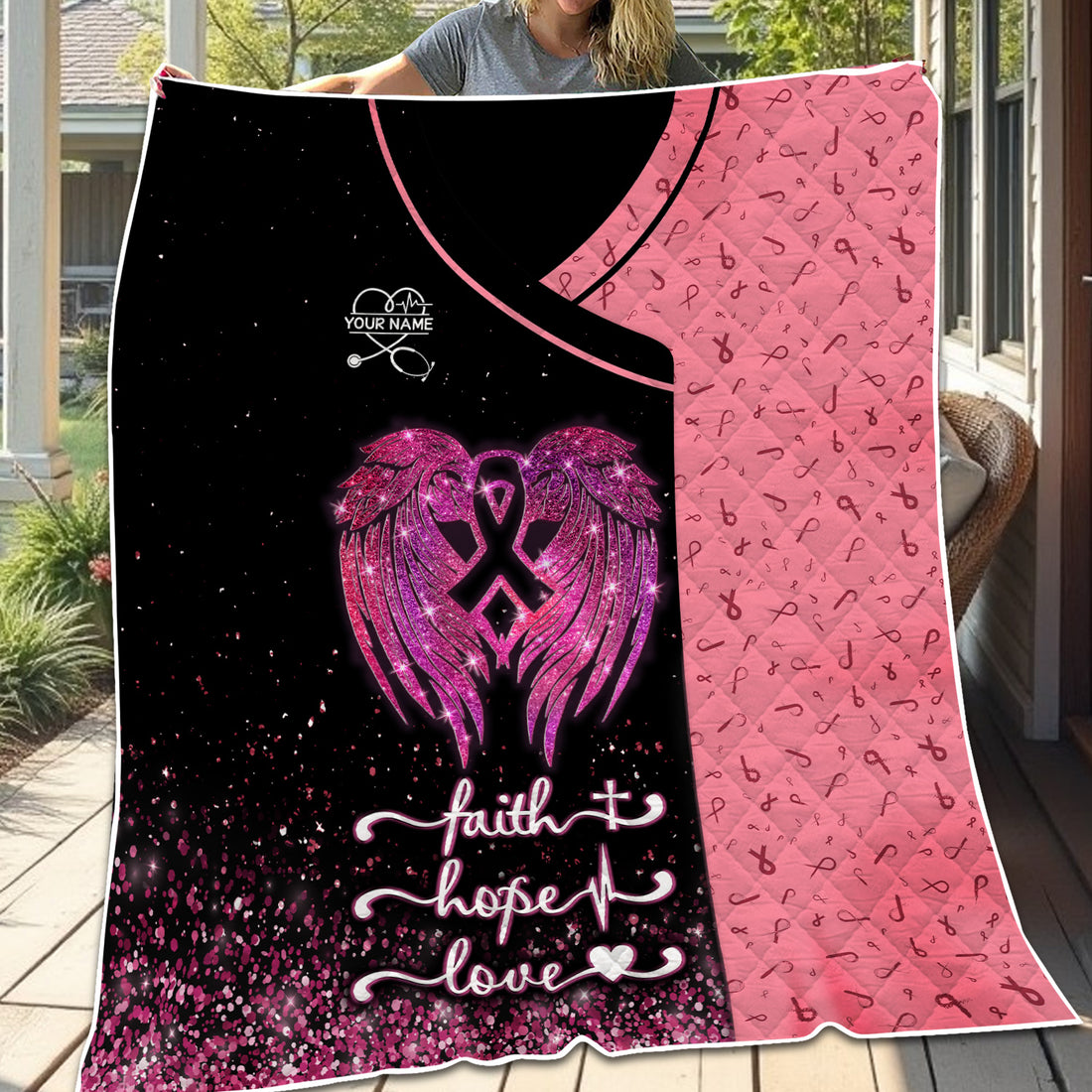 Personalized Breast Cancer Awareness Blanket - Faith Hope Love & Angel Wings - Gift for Nurse RN LPN CNA