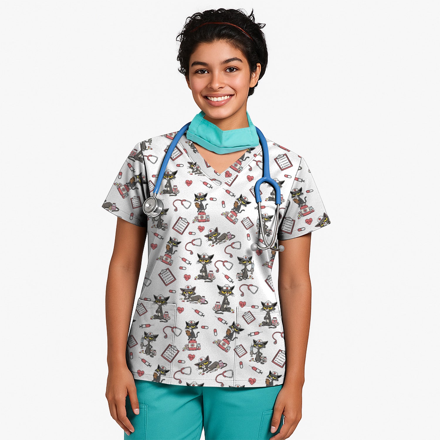 Personalized Funny Nurse Cat Scrub Top for Women - Cute Medical Uniform for RN CNA Vet Tech - Gift for Medical Staff, Healthcare Worker