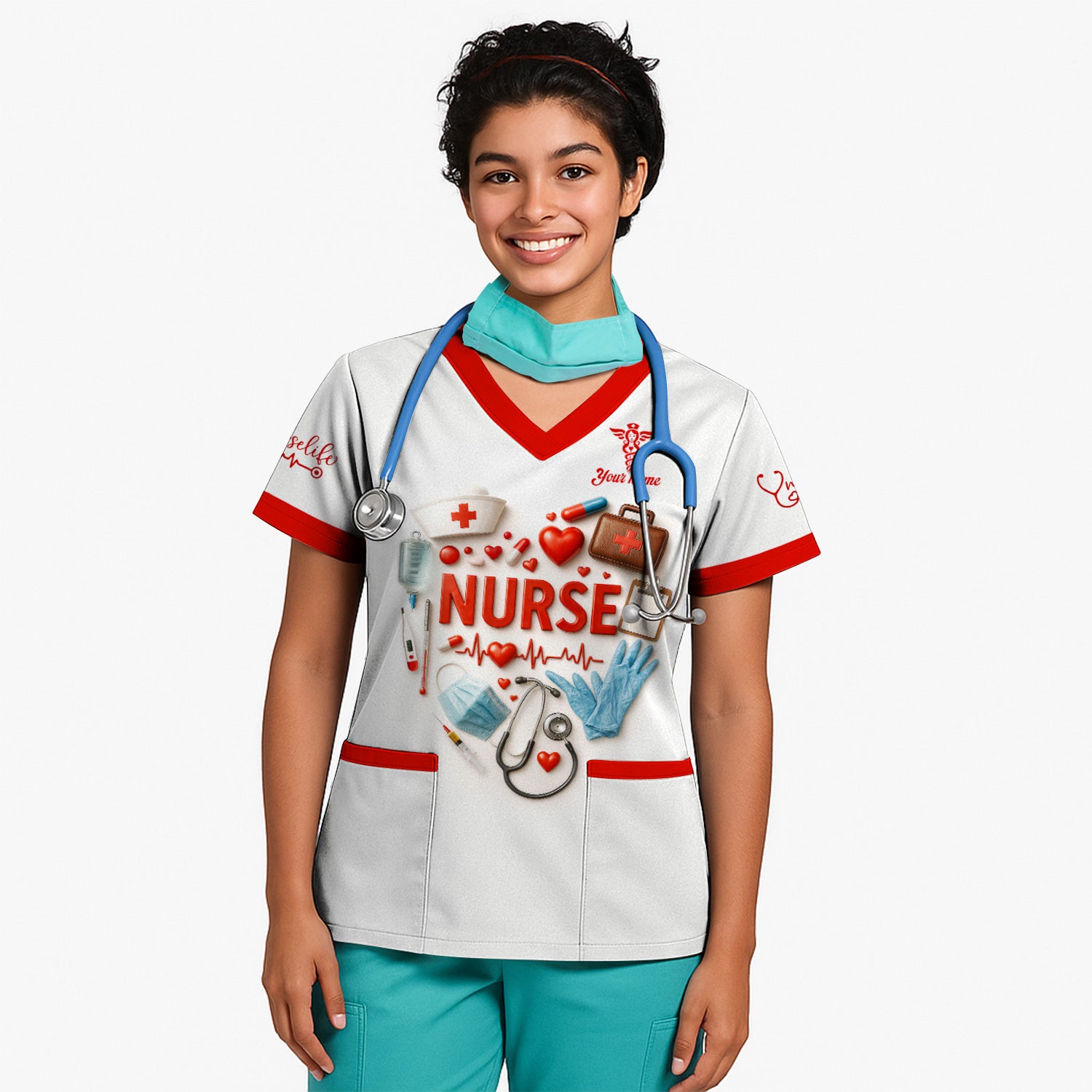 Custom Nurse Scrubs - Medical Tools & Heartbeat Graphic - Personalized Scrubs for RN CNA LPN Healthcare Workers