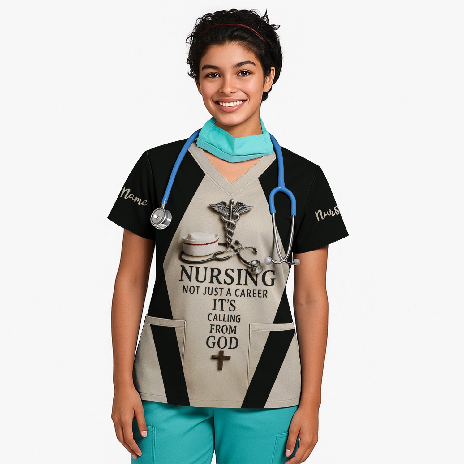 Personalized Nurse Scrubs - Stethoscope & Cross Design - Nursing Is A Calling Shirt for RN CNA LPN Healthcare Workers