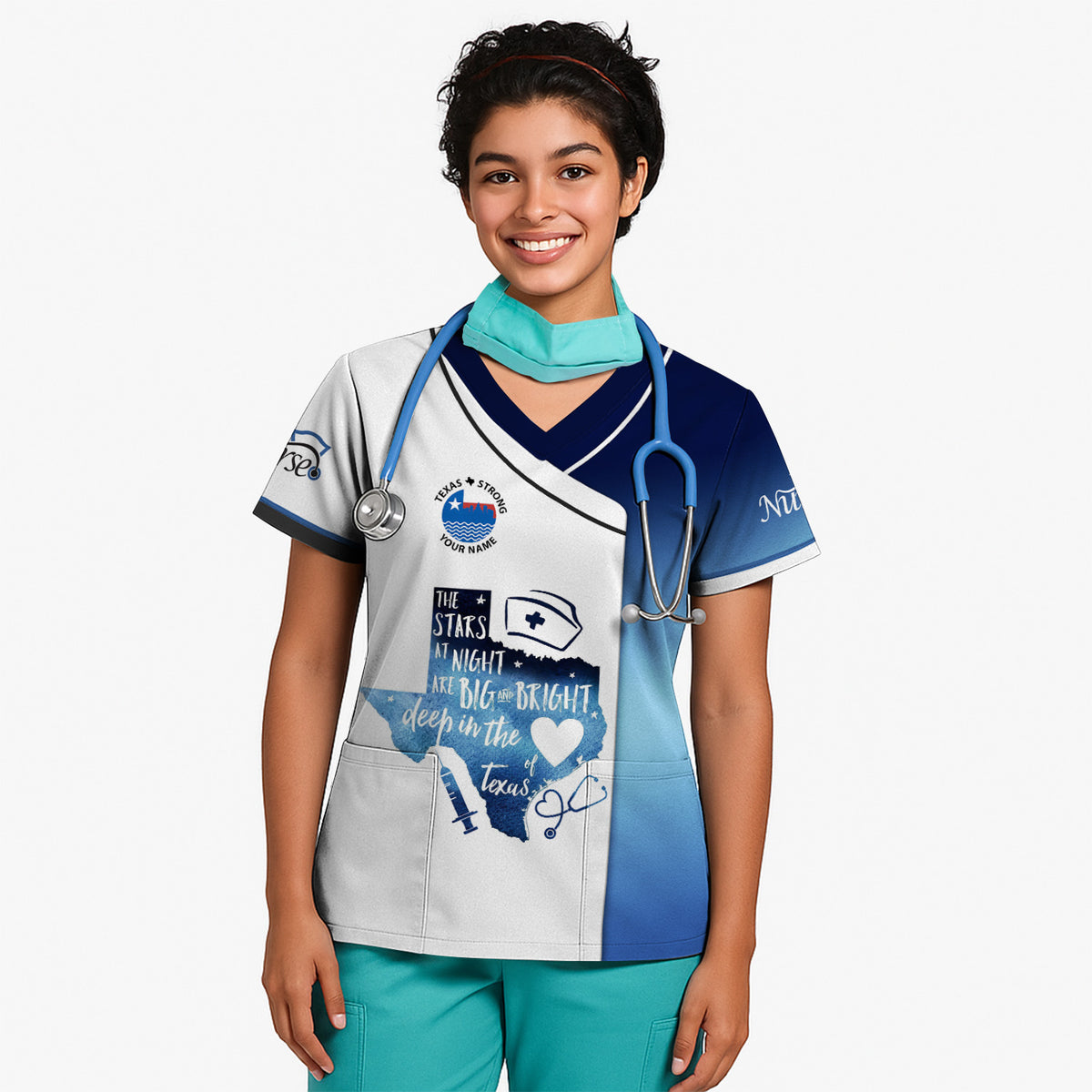 Texas Strong Nurse Scrubs - 'The Stars at Night' Design with Nurse Icons & Stethoscope - Customizable Gift for RN, CNA, LPN