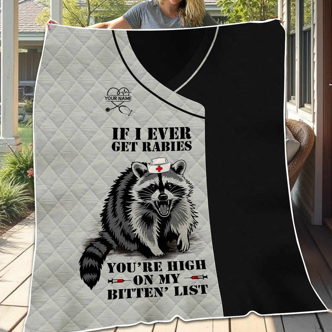 Custom Funny Raccoon Nurse Blanket  - You're High on My Bitten List - Gift for Women RN LPN & Healthcare Workers