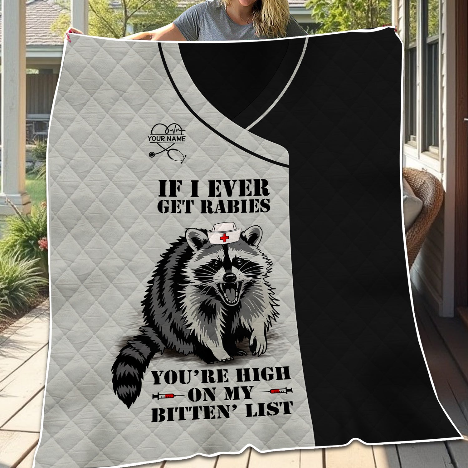 Custom Funny Raccoon Nurse Blanket  - You're High on My Bitten List - Gift for Women RN LPN & Healthcare Workers