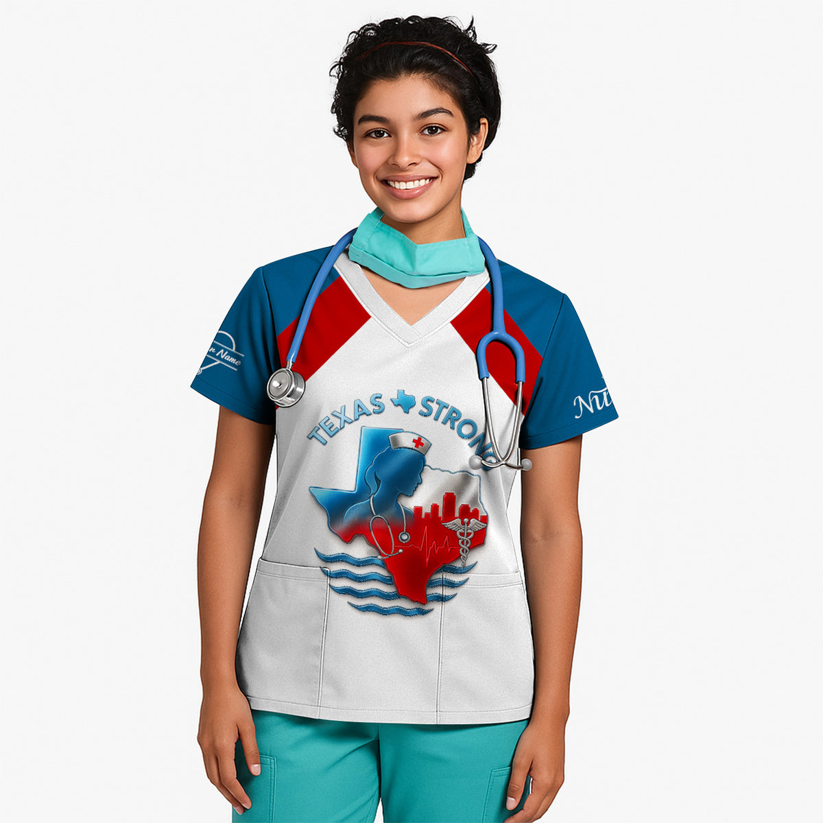 Texas Strong Nurse Scrubs - Personalized with Stethoscope & Texas Flag - Custom Name for RN, CNA, LPN - Gift for Healthcare Workers