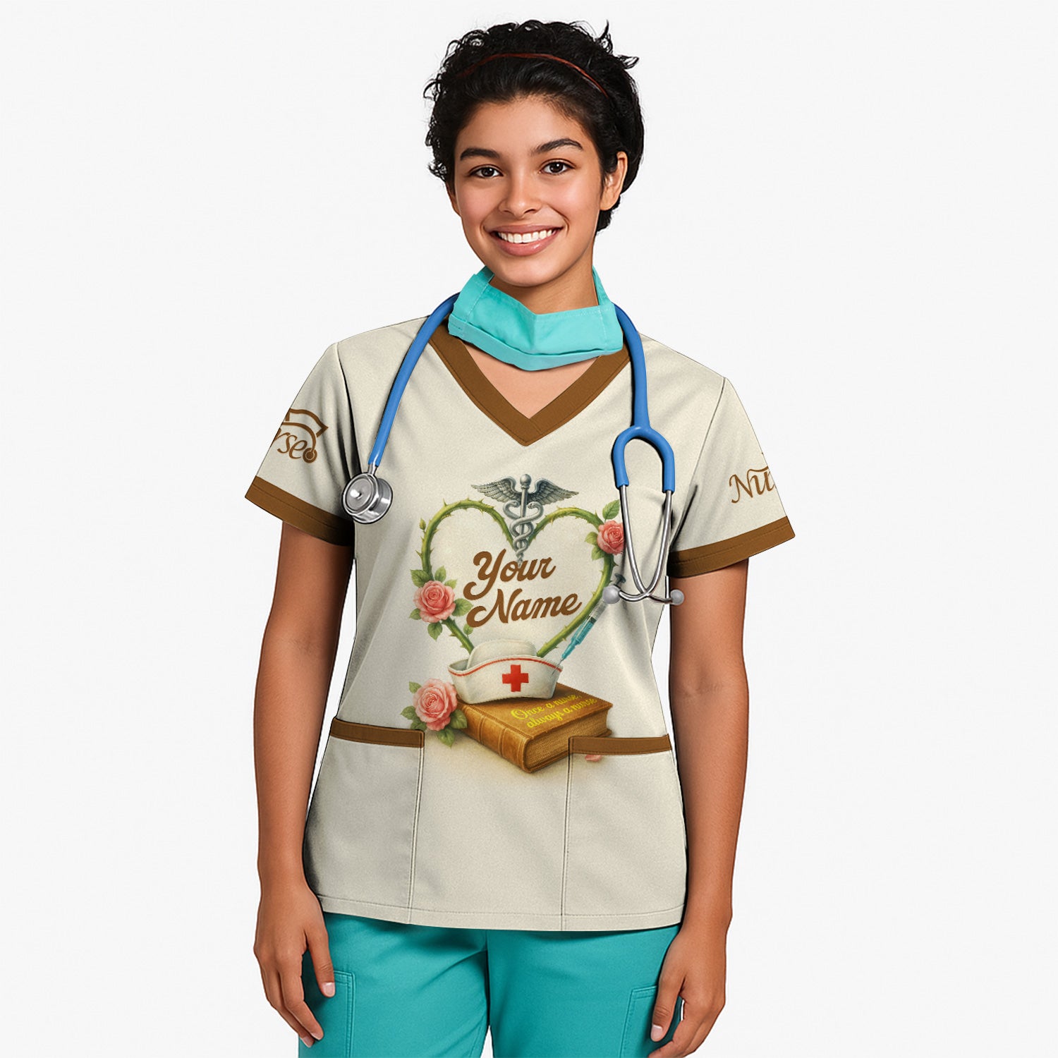 Personalized Nurse Scrubs - Heart & Stethoscope Design - Custom Gift for RN CNA LPN Healthcare Workers